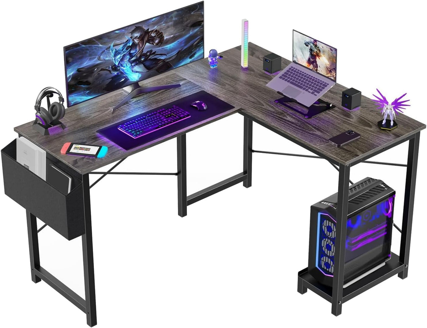 AENKYO 50" Reversible L-Shaped Computer Desk with Storage Bag & CPU Stand, Corner Desk for Home Office or Gaming, Dark Gray