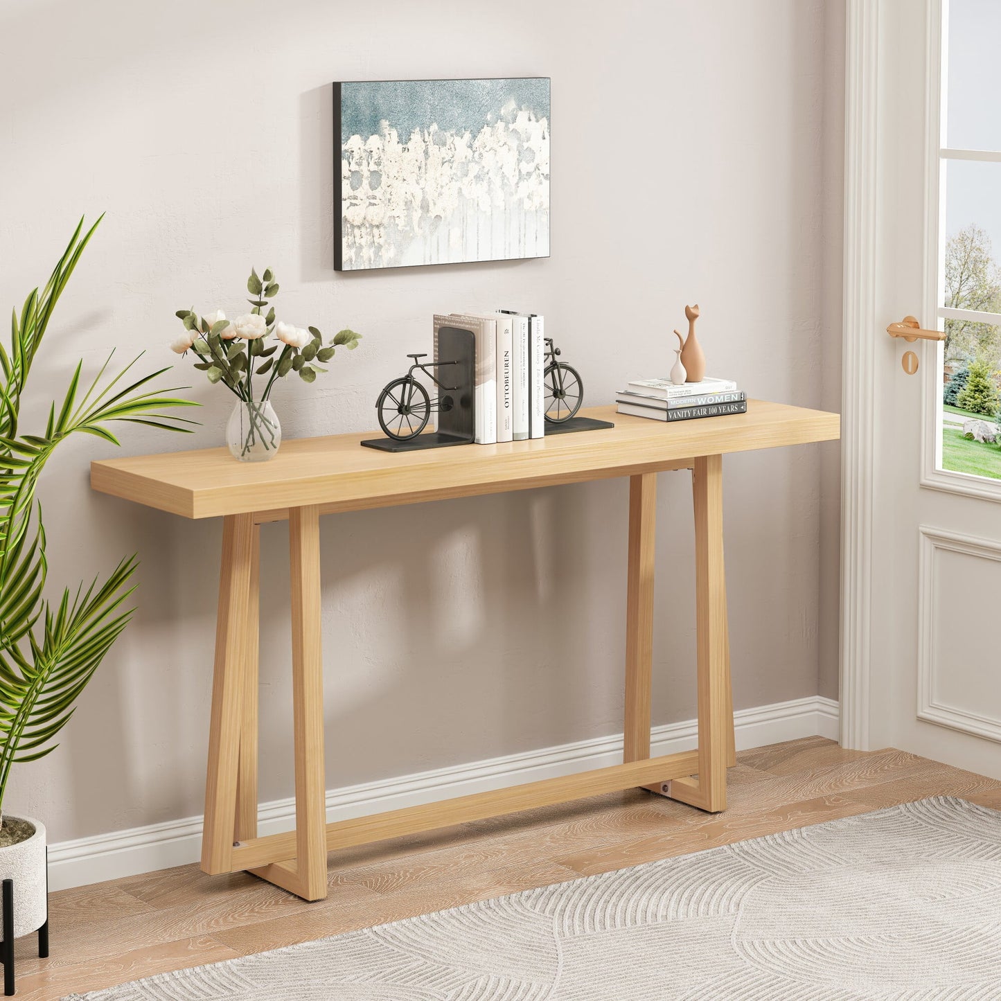 AENKYO 60" Console Table, Faux Wood Top Metal Entryway Table, Indoor/Outdoor Sofa Table for Hallway & Patio, Gray
