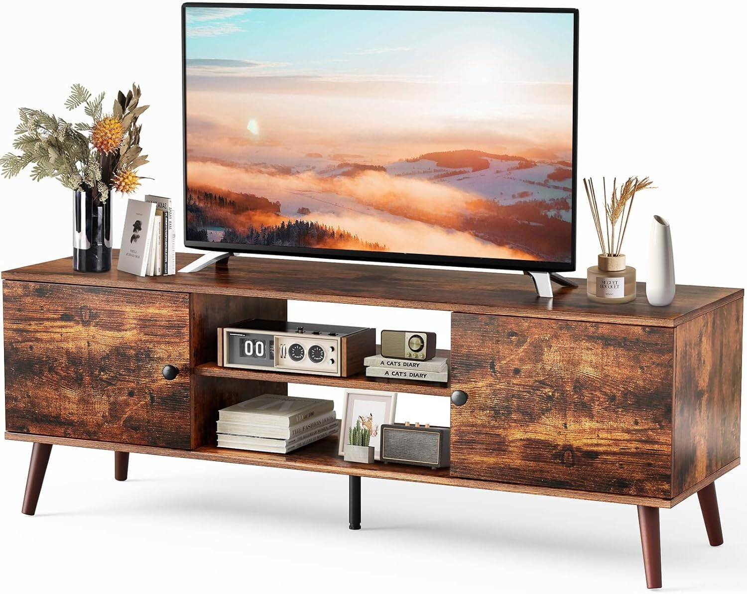 AENKYO Soporte de TV Moderno de 60" con Gabinete de Almacenamiento, Compartimento Oculto y Cajones - MarrÃ³n