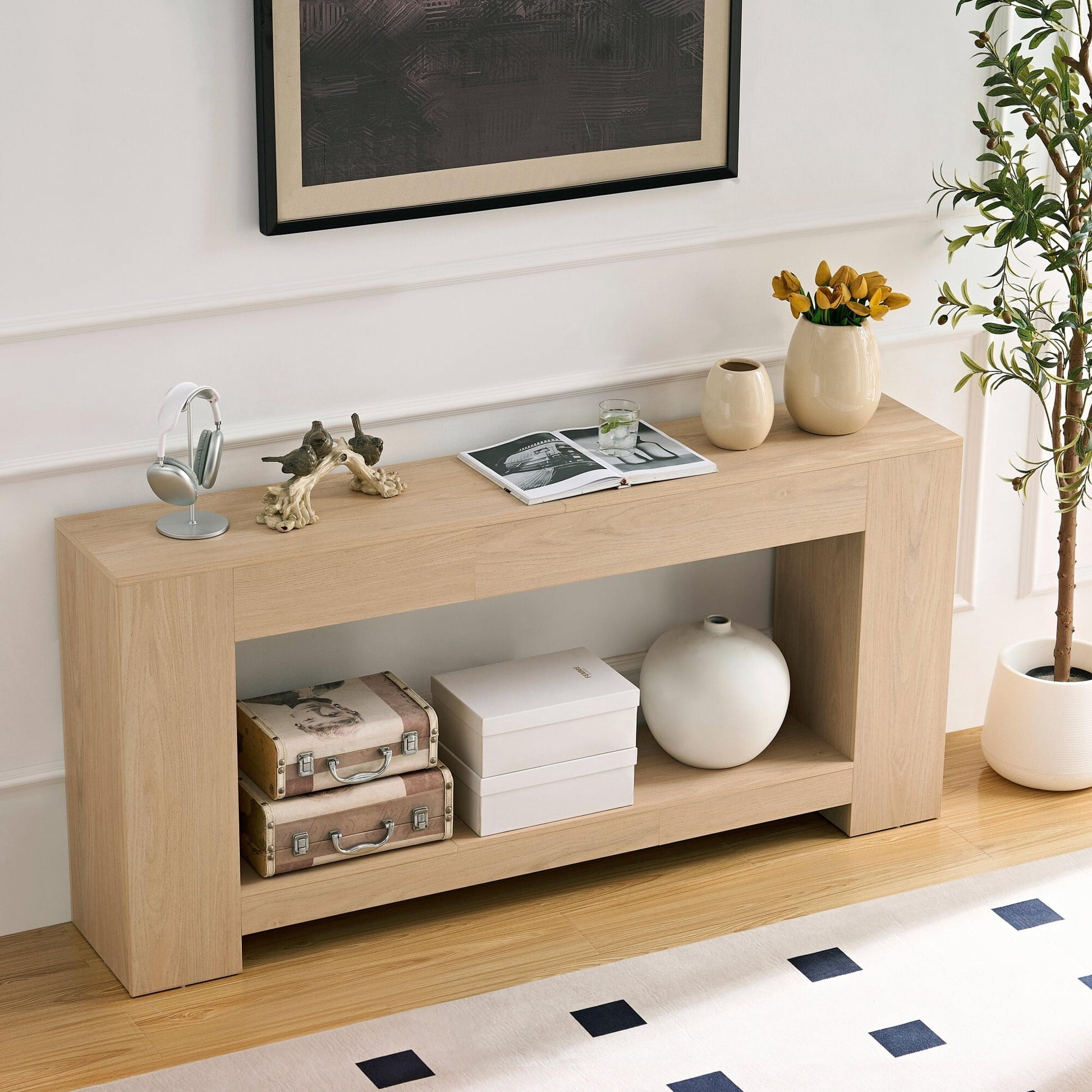 AENKYO 63" Farmhouse Console Table with Storage Shelf, Extra Long 2-Tier Sofa Table for Entryway, Light Oak