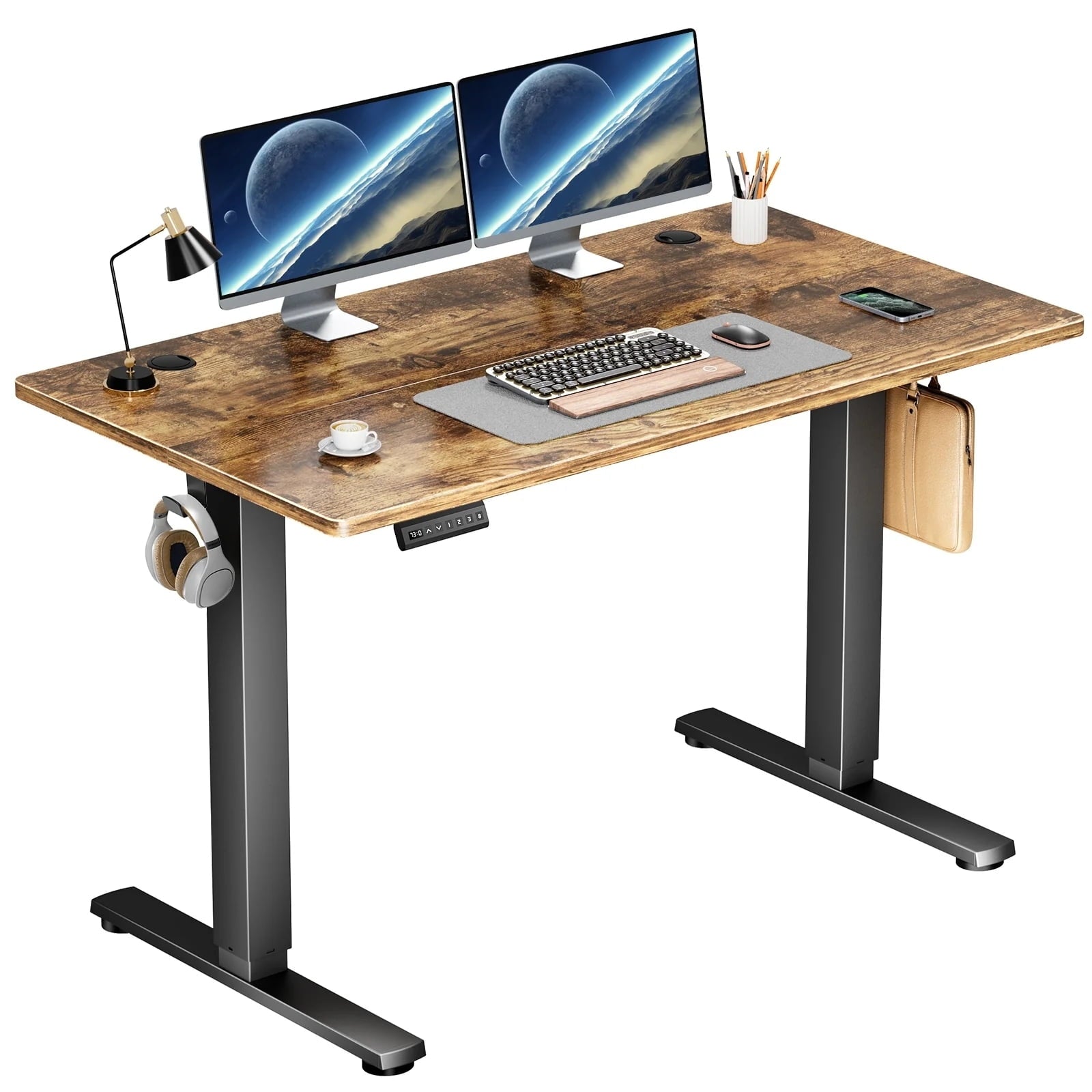 AENKYO Electric Height Adjustable Standing Desk with T-Shaped Metal Frame, Ergonomic Home Office Workstation for Computer, Modern Sit to Stand Deskï¼ŒBrown