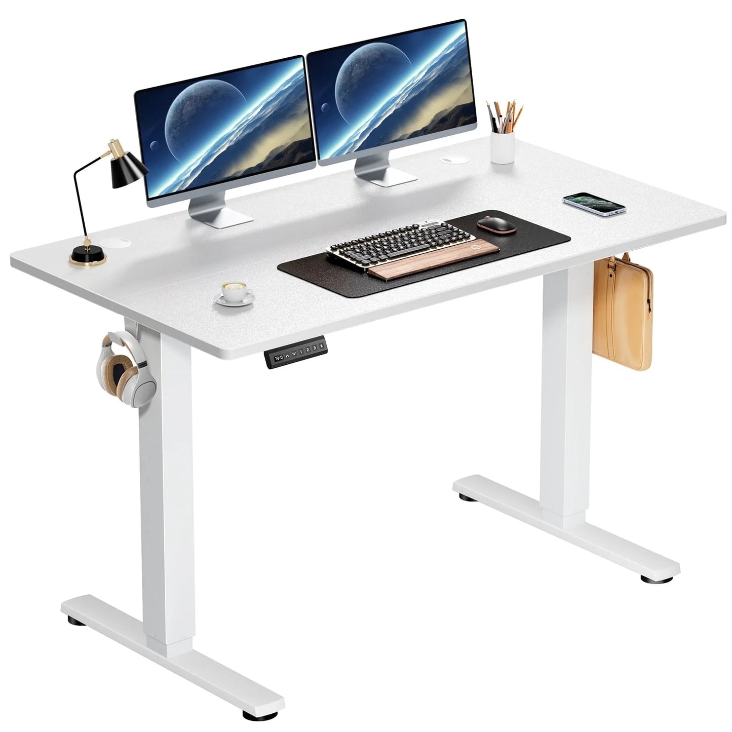 AENKYO Electric Height Adjustable Standing Desk with T-Shaped Metal Frame, Ergonomic Home Office Workstation for Computer, Modern Sit to Stand Deskï¼ŒWhite