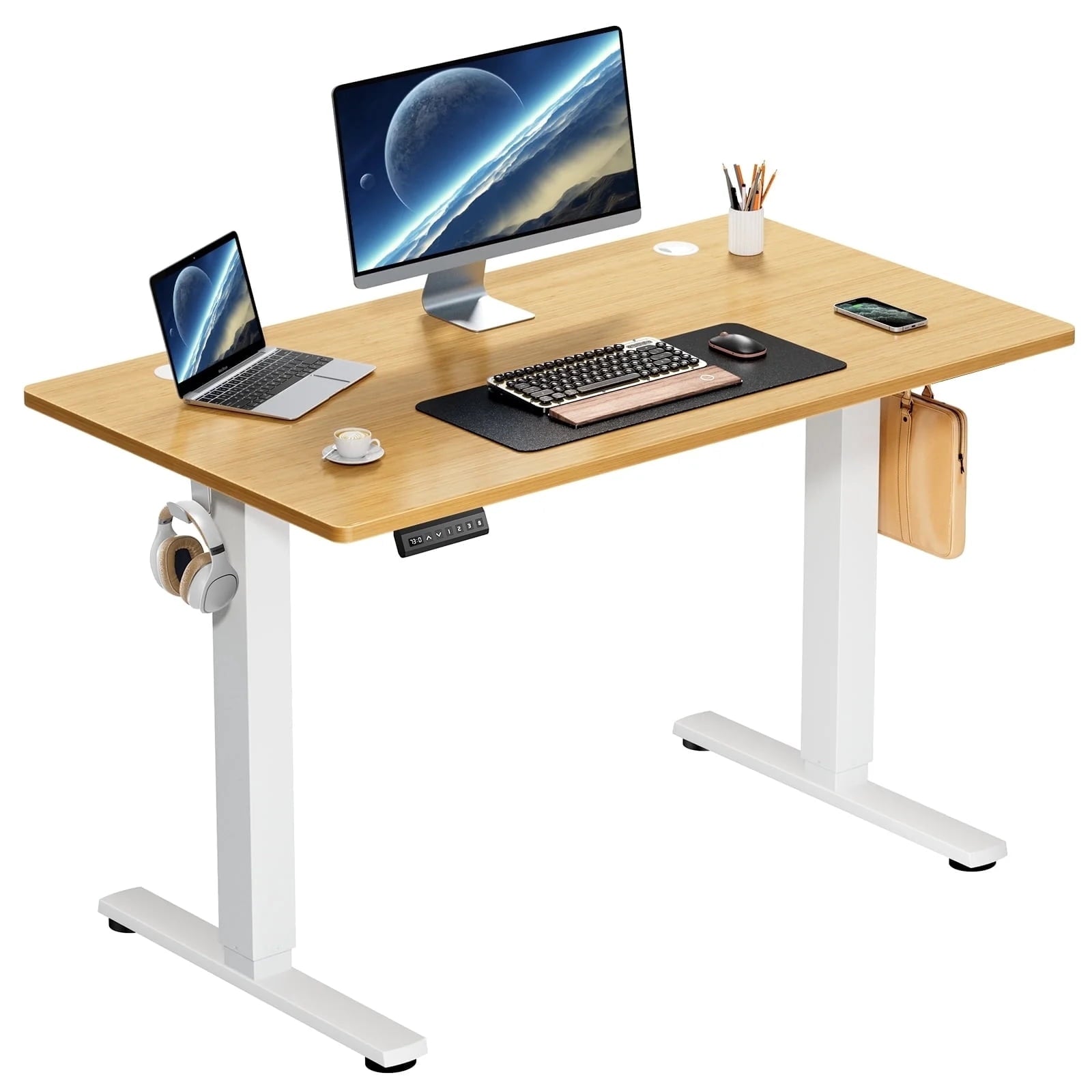 AENKYO Electric Height Adjustable Standing Desk with T-Shaped Metal Frame, Ergonomic Home Office Workstation for Computer, Modern Sit to Stand Deskï¼ŒYellow