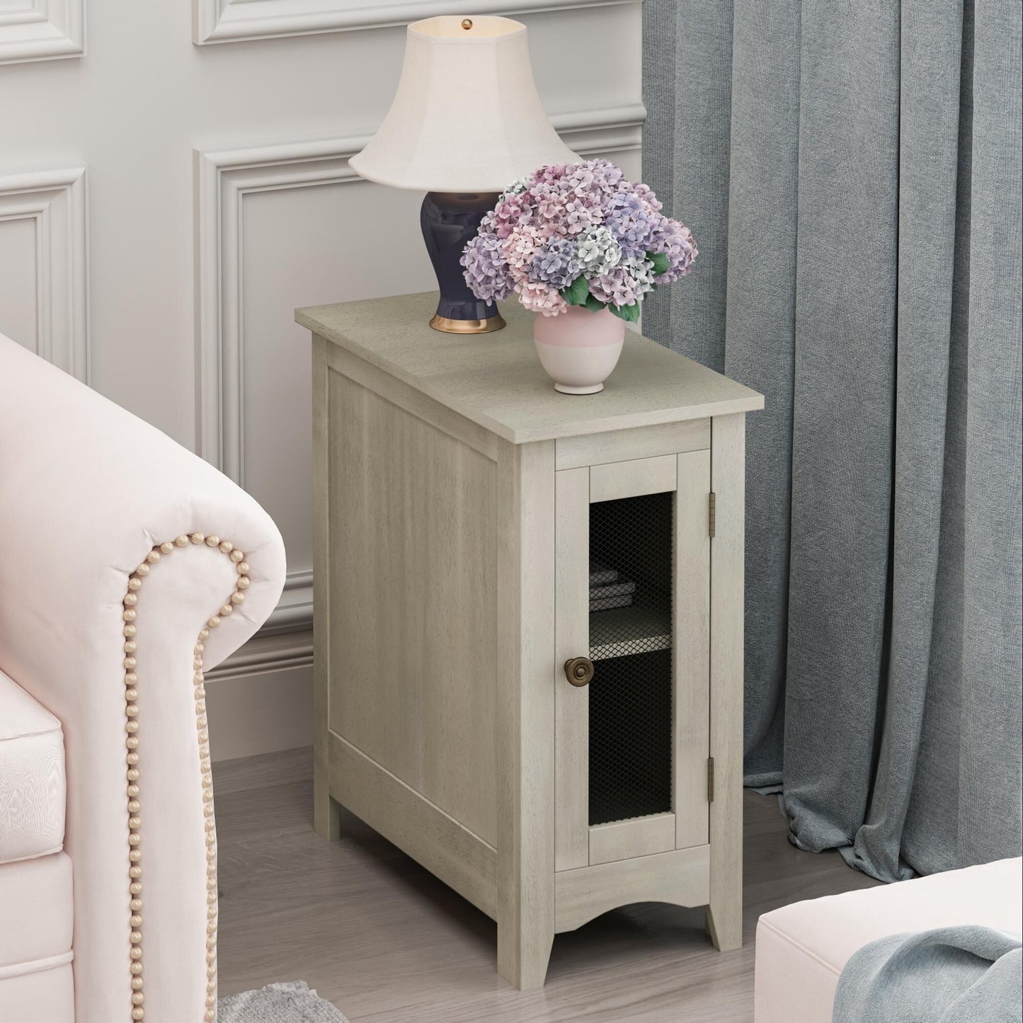 AENKYO Farmhouse Nightstand, Industrial Solid Wood End Table with Storage for Small Spaces, Antique Gray Finish