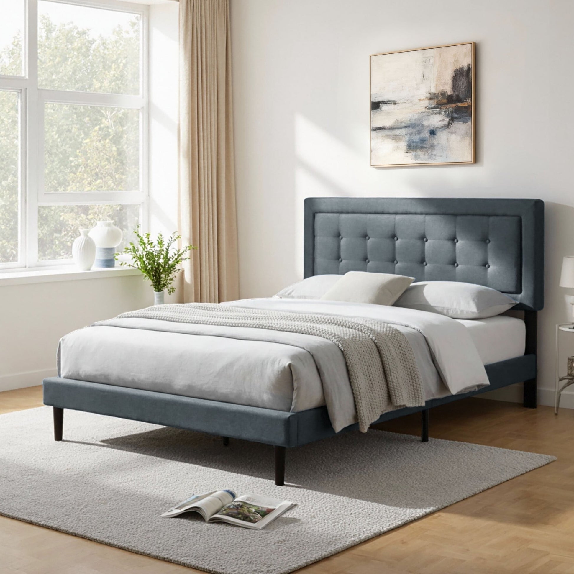AENKYO Modern Full Size Upholstered Platform Bed Frame with Linen Fabric Headboard, No Box Spring Needed, Dark Gray