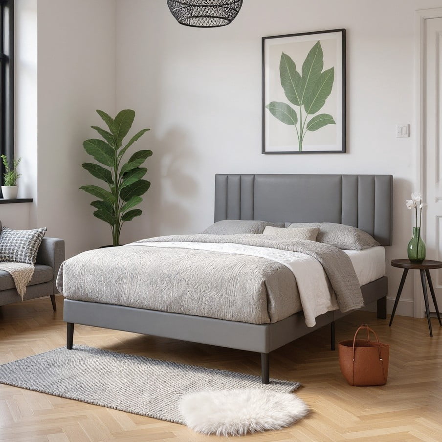 AENKYO Queen Size Platform Bed Frame with Leather Upholstered Headboard, Gray