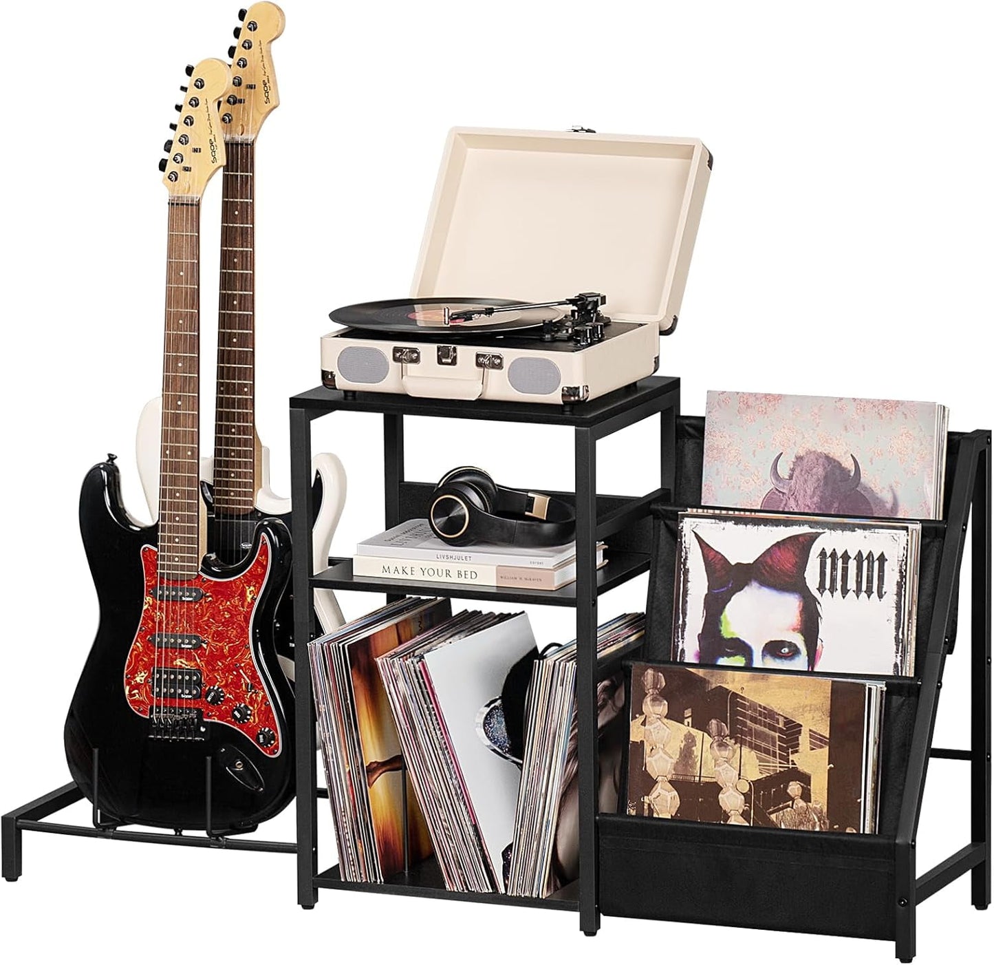 AENKYO Record Player Stand, Black Adjustable Guitar Stand for Acoustic Guitar, Electric Guitar, Bass, Turntable Stand with Vinyl Display Shelf Storage Up to 150 Albums, End Table for Music Room