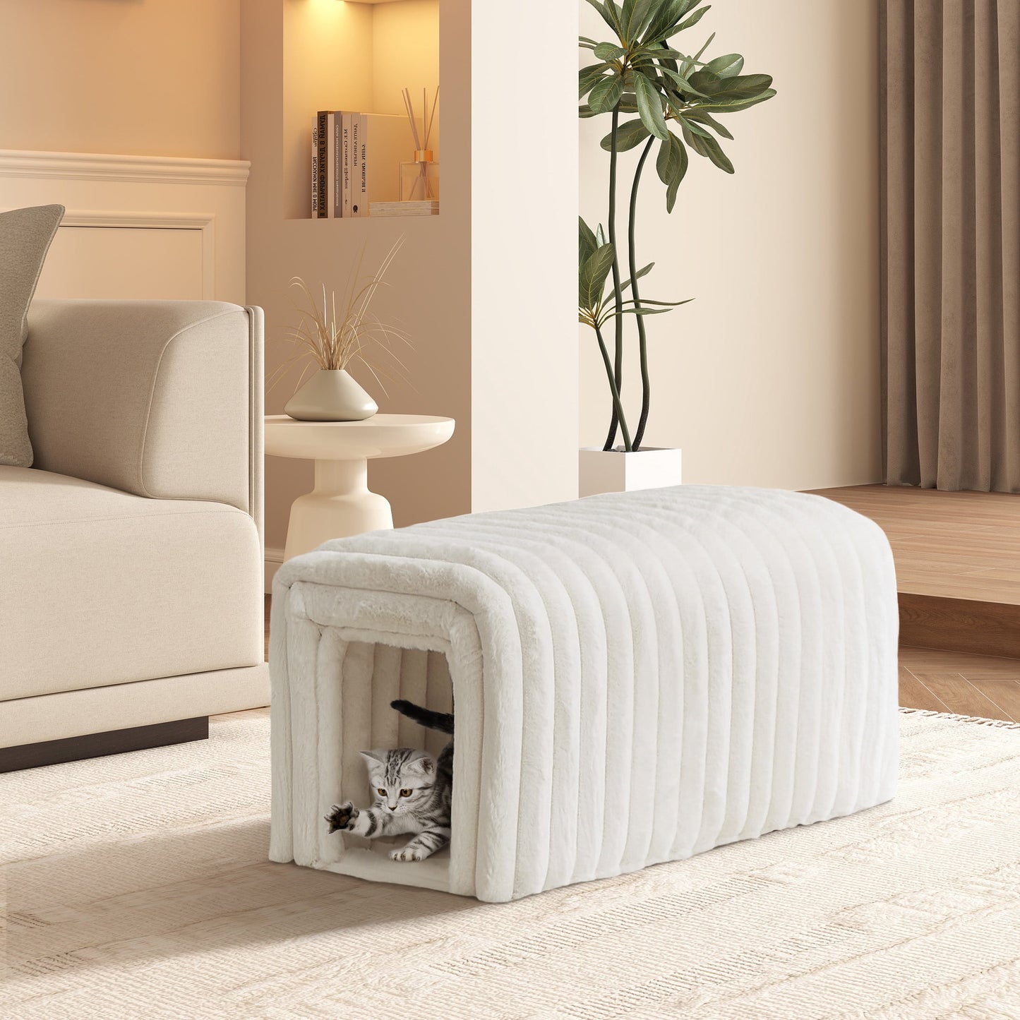 AENKYO Storage Ottoman Bench with Cat Hideaway, Plush Upholstered Footrest Seat with Hidden Compartment, Pink