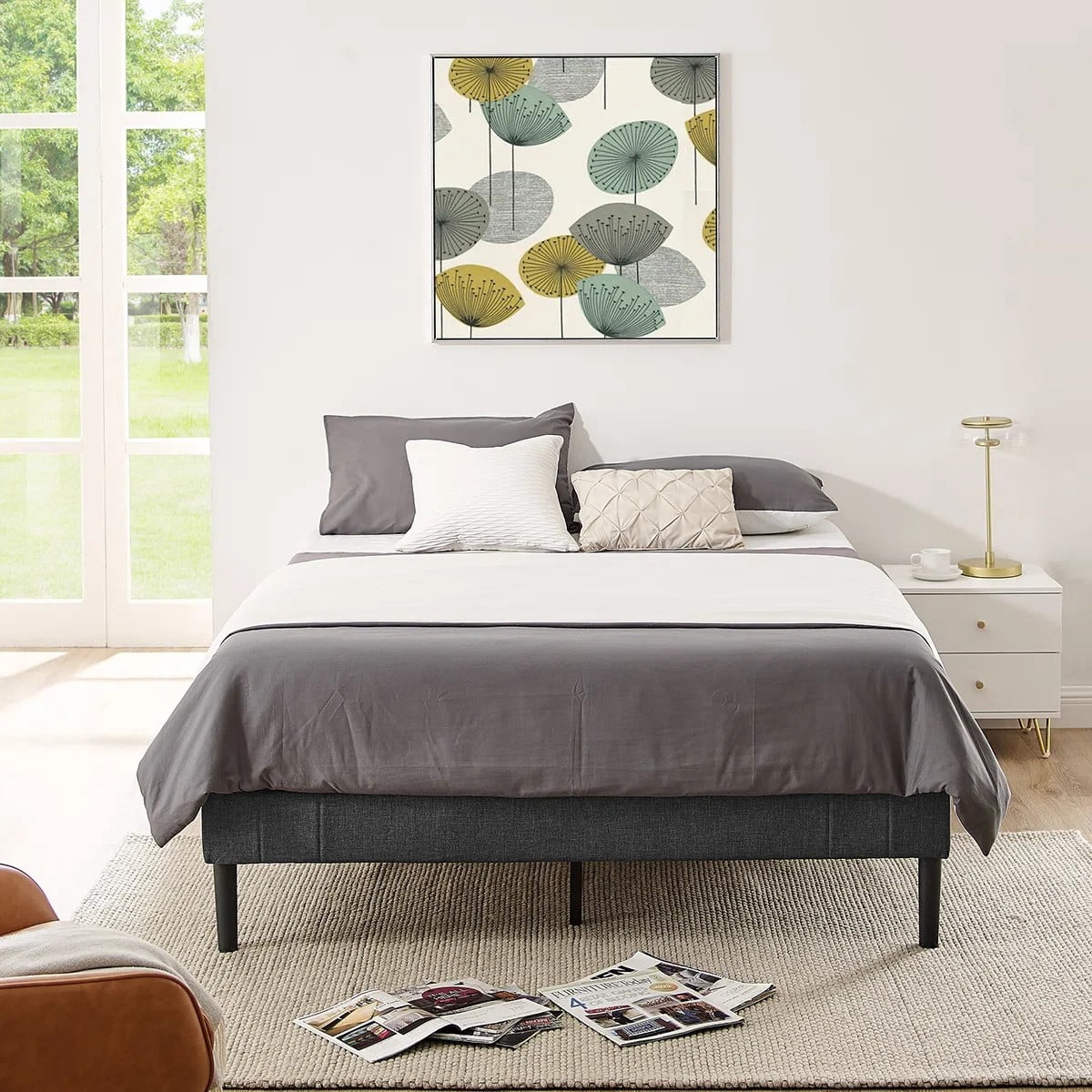 AENKYO Upholstered Platform Bed Frame with Wooden Slat Support, Full