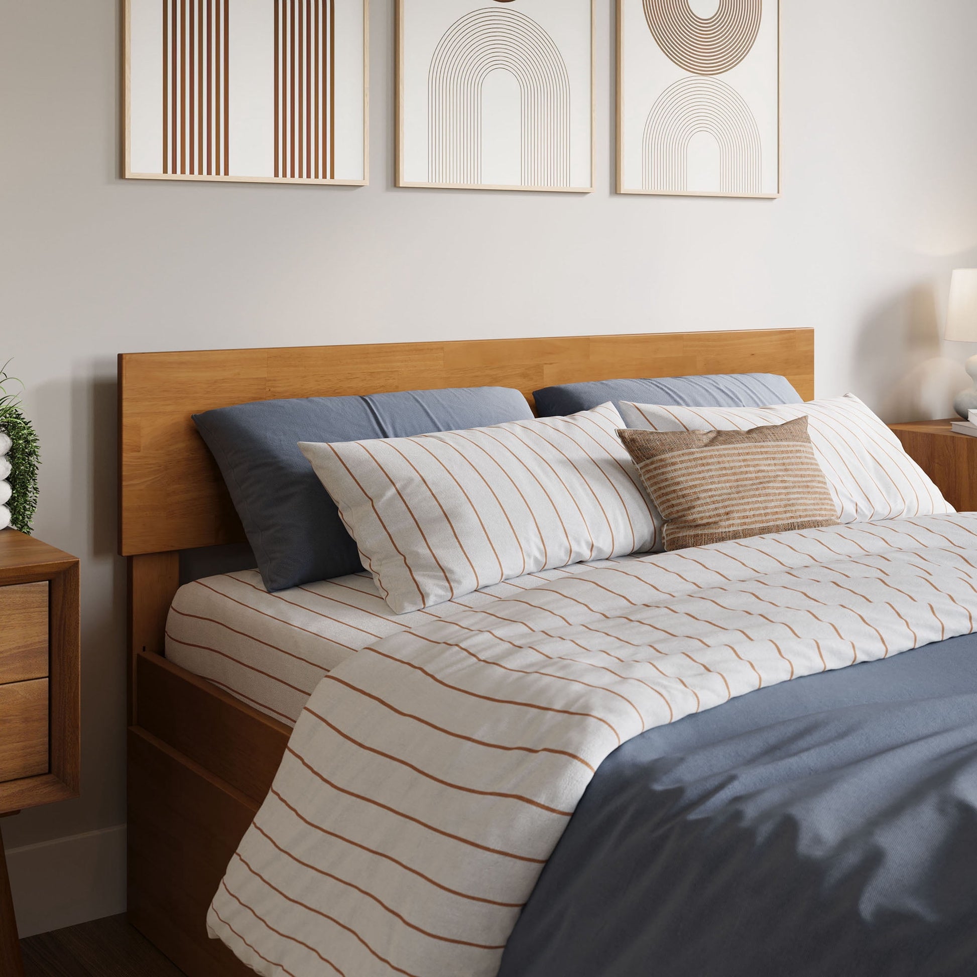 AFI Orlando Full Modern Solid Wood Panel Headboard with Attachable Charger, Light Toffee