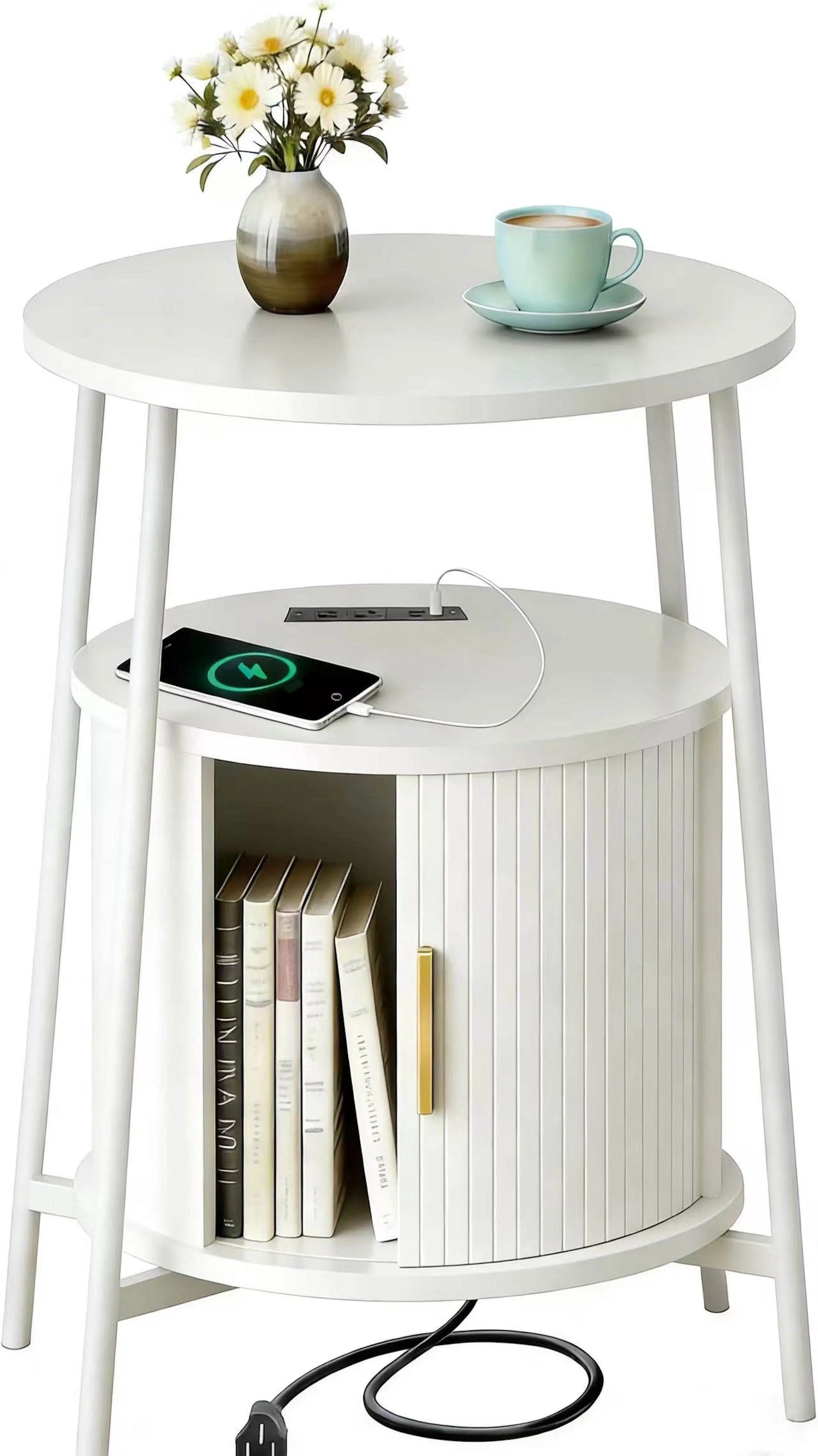 AISWORD Nightstand with Charging Station, Modern Round Bedside Table with Sliding Door Storage, White
