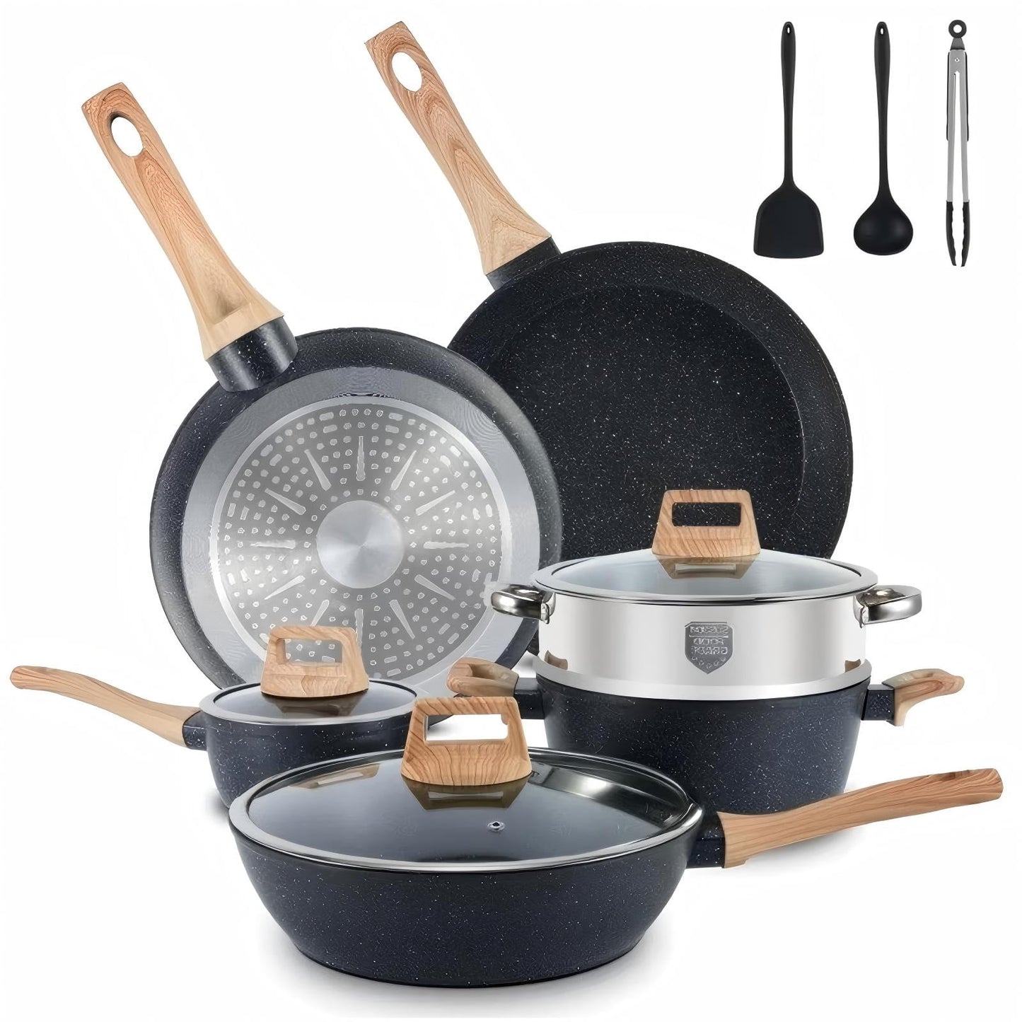 ALPULON 12Pcs Ceramics Pots and Pans Set with Lids, for Induction Cookware,Black