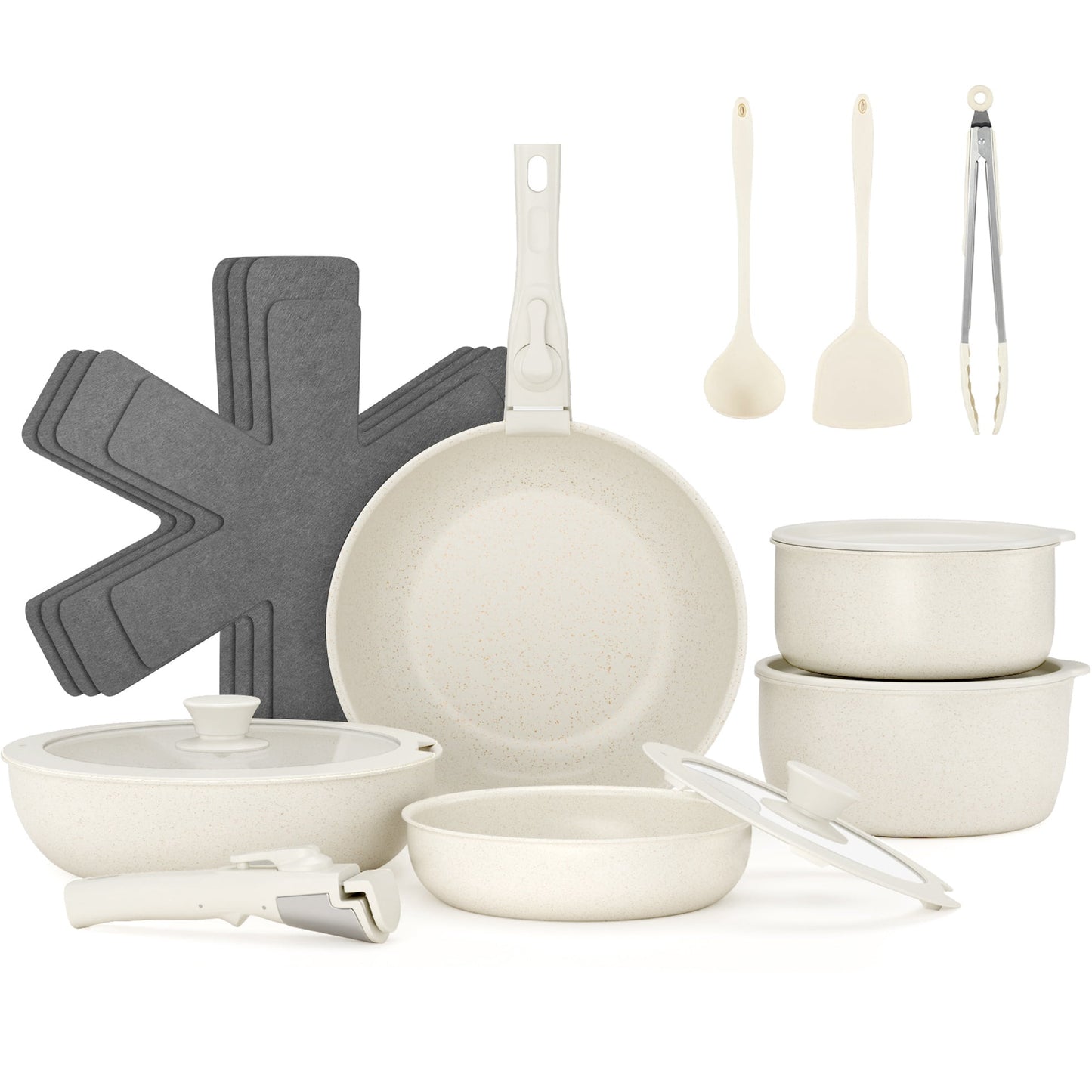 ALPULON Juego de Ollas y Sartenes de 12 Pzas, Juegos de Utensilios de Cocina Antiadherentes de Granito, Juego de Cocina con Mango Desmontable, Blanco