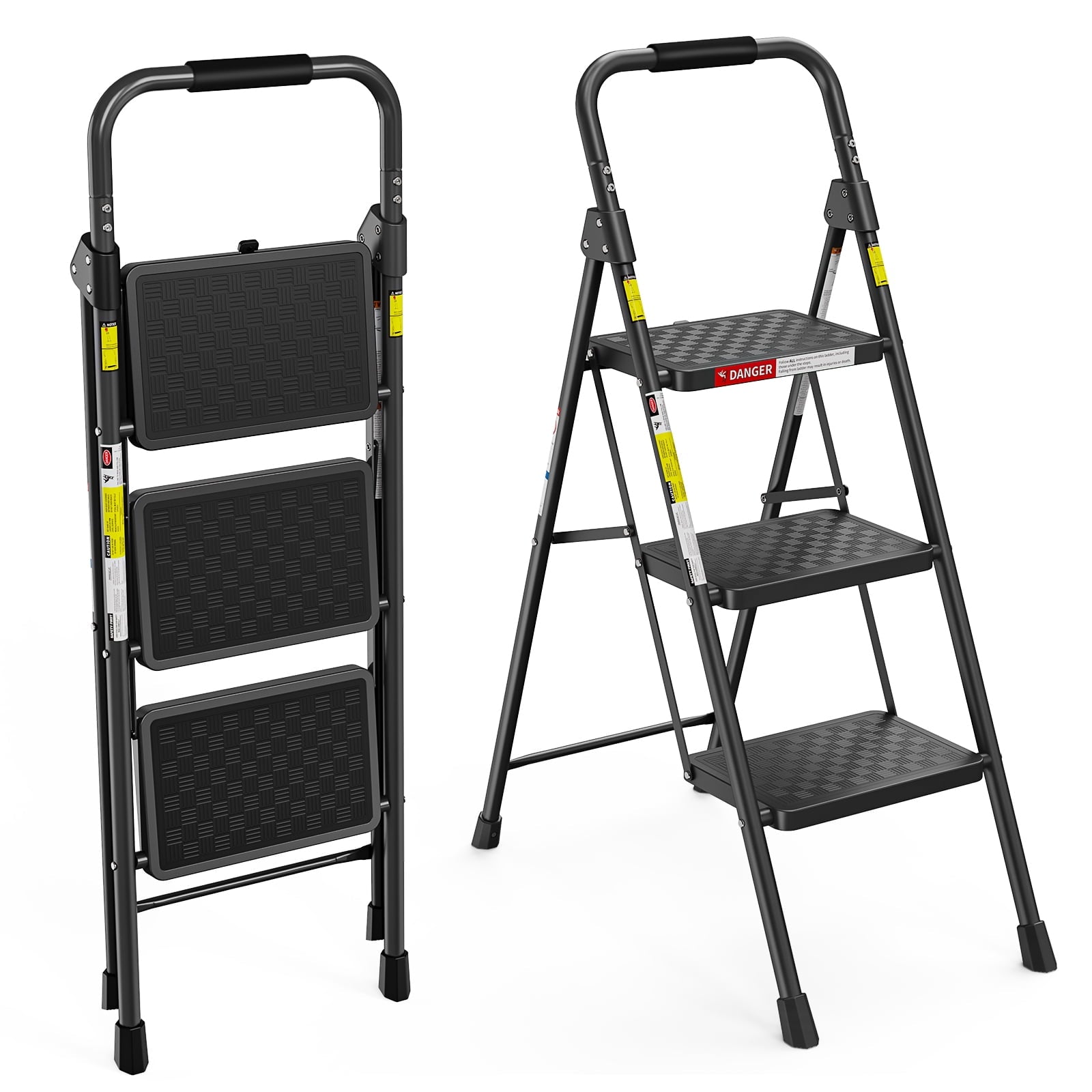ASoopher 3 Step Ladder with Anti-Slip Pedal, Sturdy Steel Step Stool for Kitchen, Black