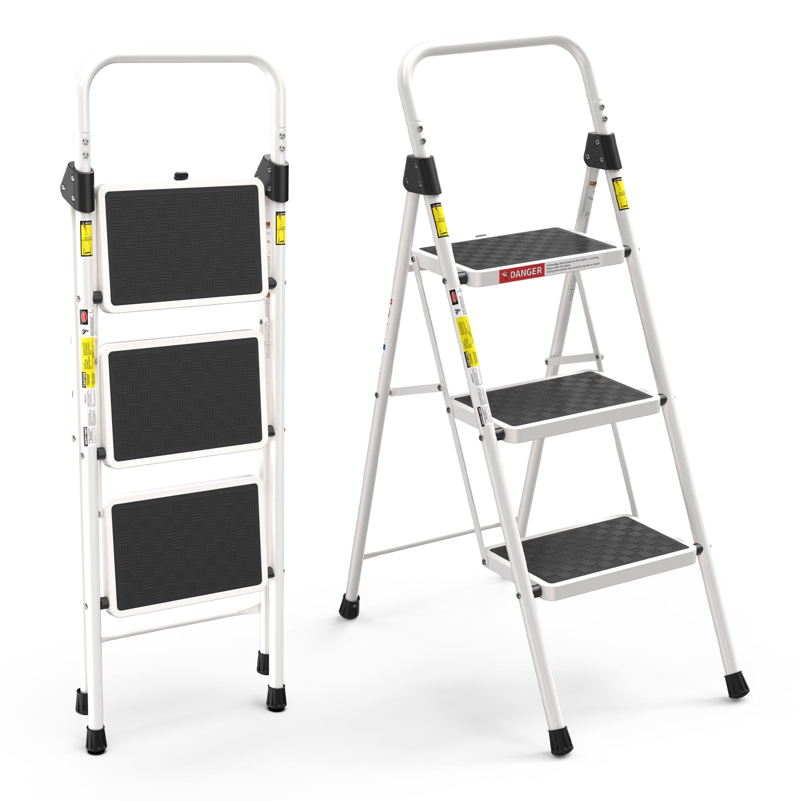 ASoopher Folding 3 Step Ladder, Heavy Sturdy Steel Portable 3 Step Stool with Handrail, Safe-Lock Design, For Kitchen, Garage & Outdoor Use, White