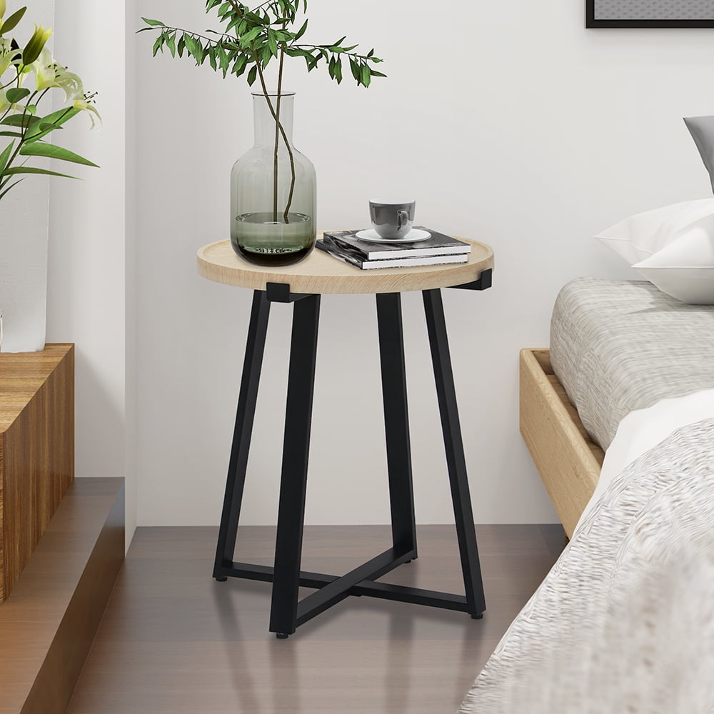 Abble 19in Indoor Round Manufactured Wood Bedroom Side Table Living Room Furniture Accent End Table, Oak