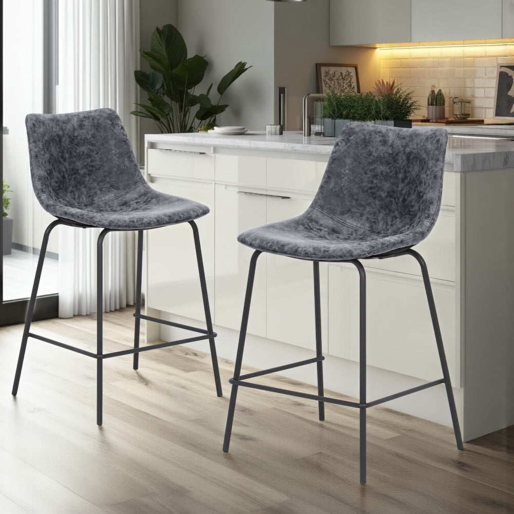 Abble 24 inch Bar Stools Set of 2, Faux Leather Bar Chair Upholstered Low Back Kitchen Counter Height Stools with Sled Base, Floor-Scratch Protection, Charcoal Gray