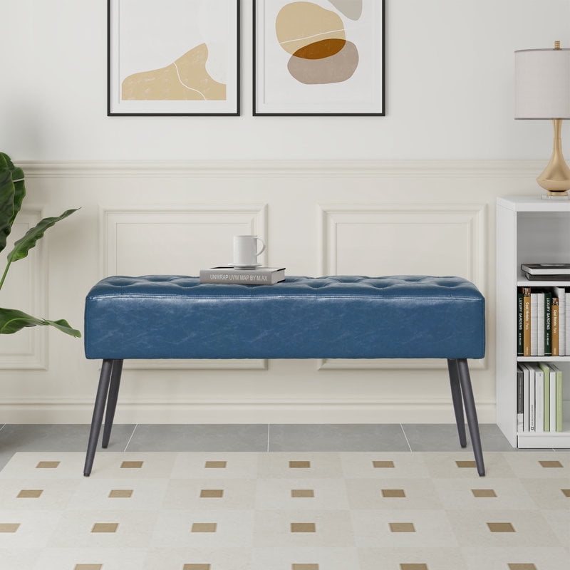 Abble 38" Wide Upholstered Entryway Bench, Tufted Ottoman Bench, Small Bed Room Bench, Casual Dining Room Bench, Blue