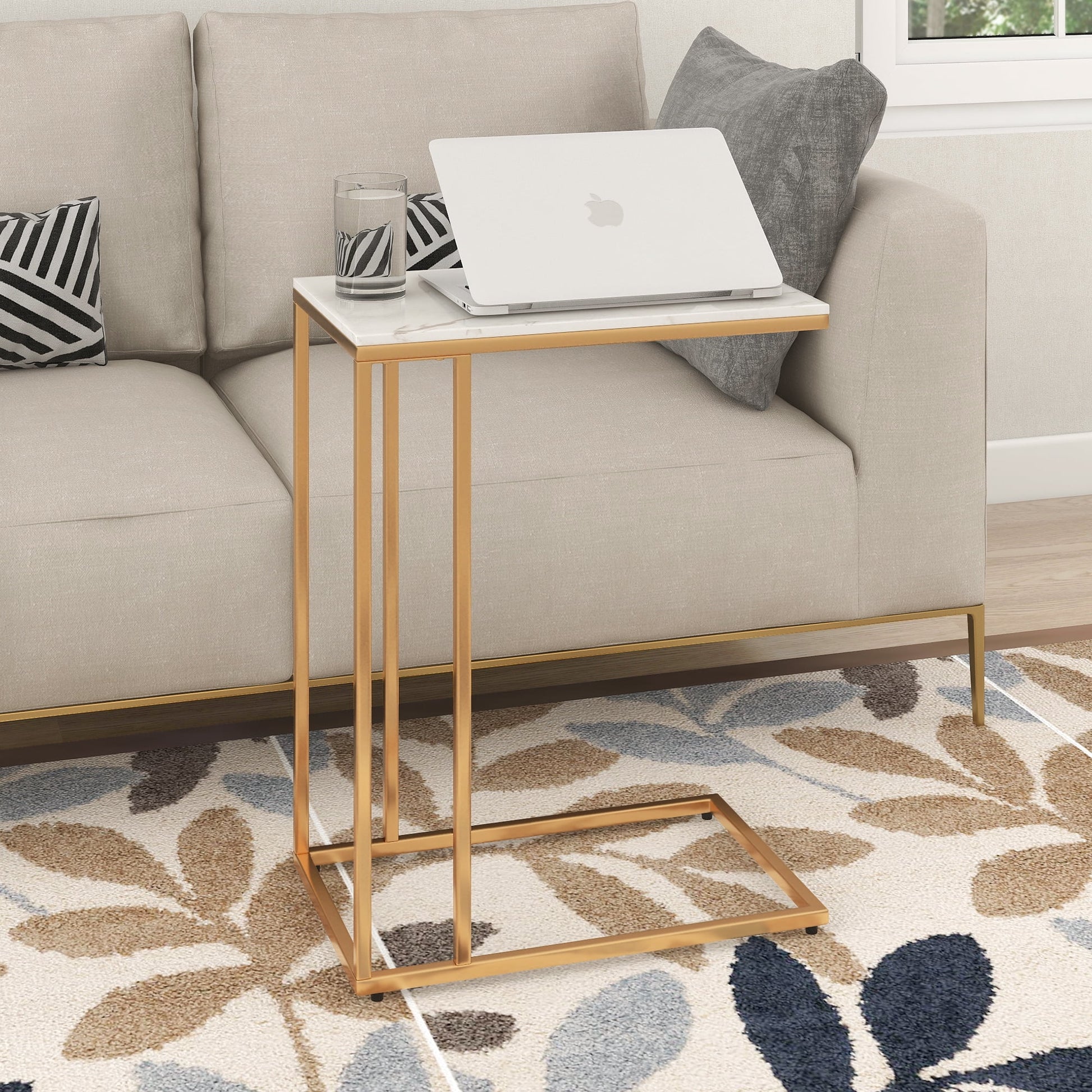 Abble Marble Top C-Table Accent Side End Table with Gold Metal Base