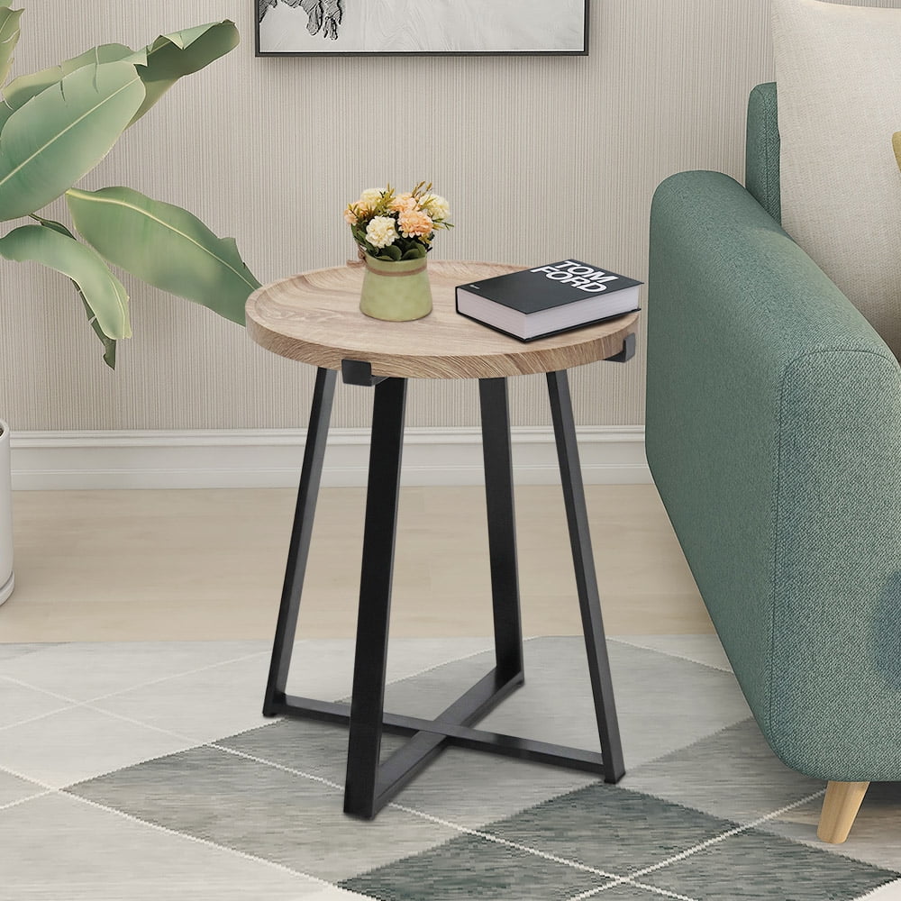 Abble Indoor Use White Oak Tray Top End Table with Matte Black  Metal Cross Legs