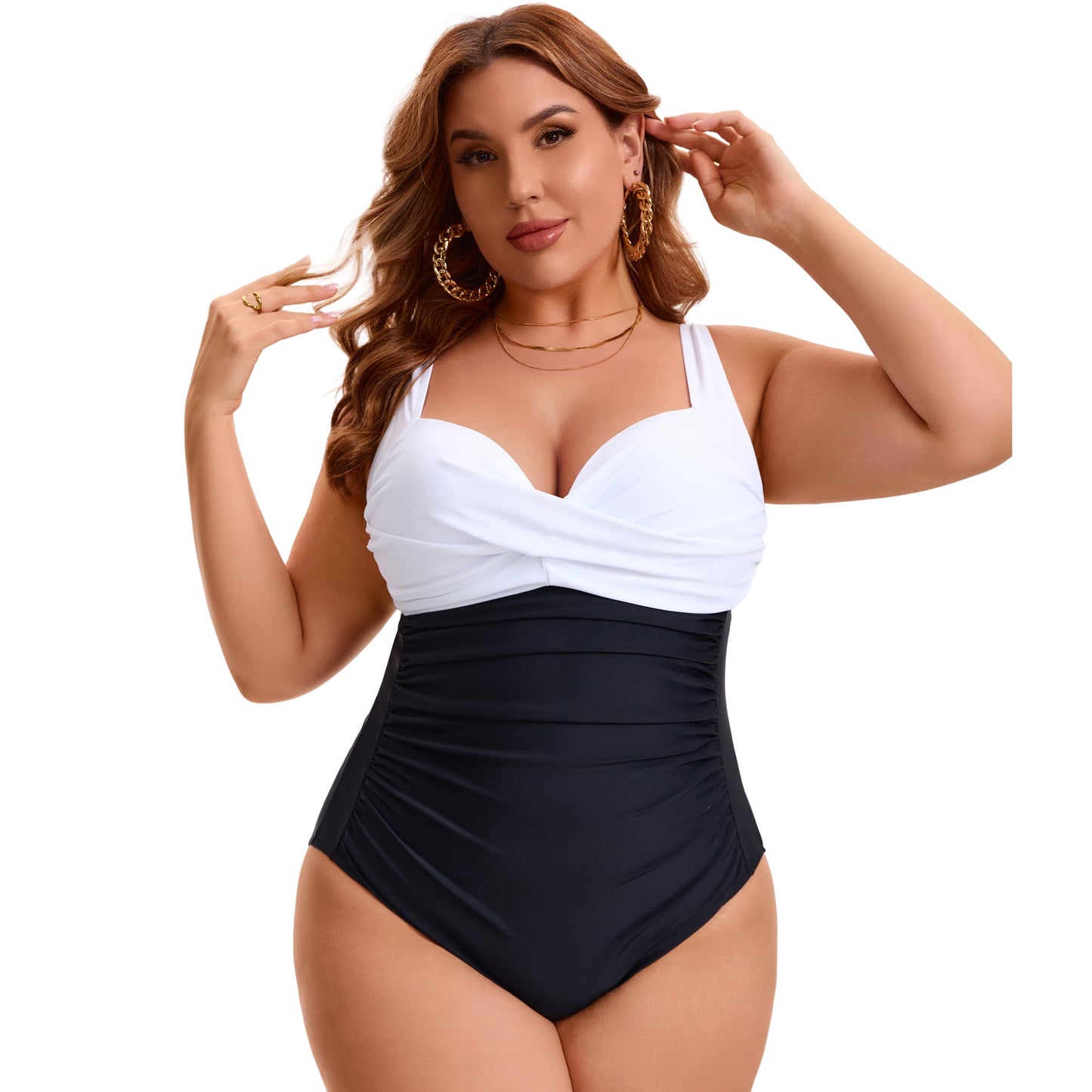 DARING DIVA Women's Plus 1 Piece Crisscross V-neck Swimsuit 1X Black White