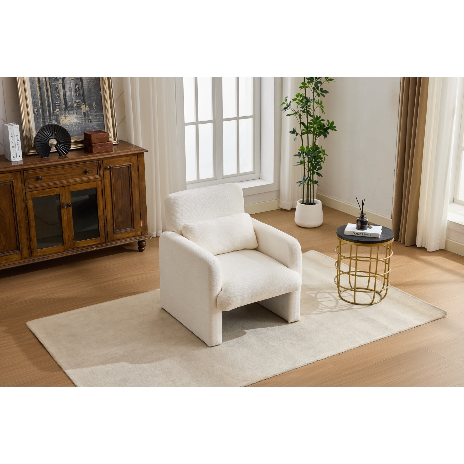 Accent Chair, Armchair, Chenille Chair&nbsp;Modern Upholstered Fabric Accent Armchair with Solid Wood Frame for Living Room, Bedroom, Apartment, Ancient White