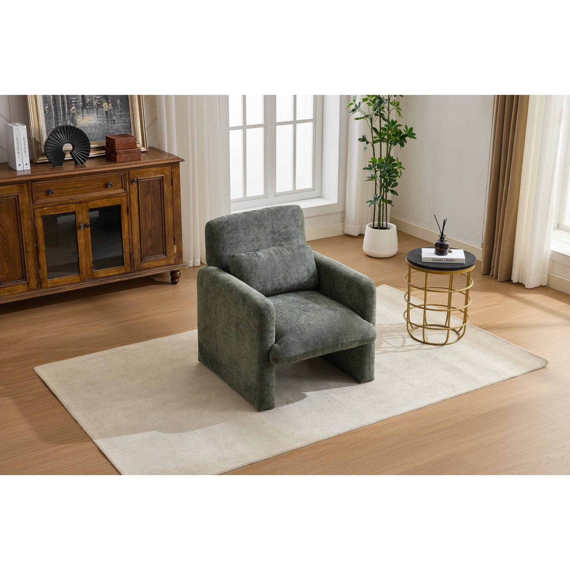 Accent Chair, Armchair, Chenille Chair&nbsp;Modern Upholstered Fabric Accent Armchair with Solid Wood Frame for Living Room, Bedroom, Apartment, Antique Green