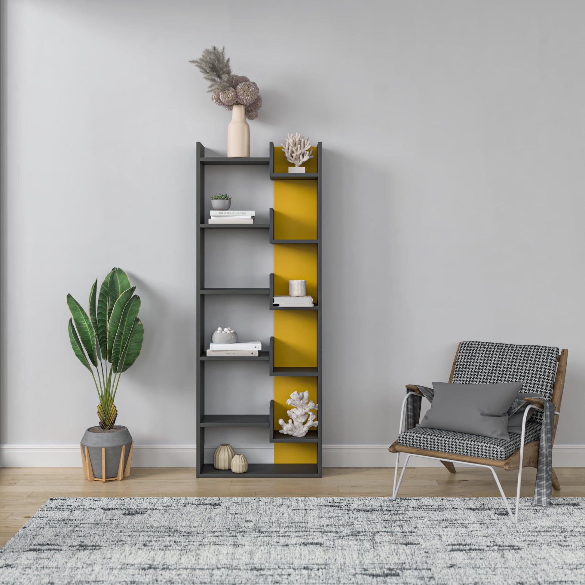 Ada Home Decor Bonaparte Multiple Tier Open Shelf Modern Bookcase, Anthracite/Mustard