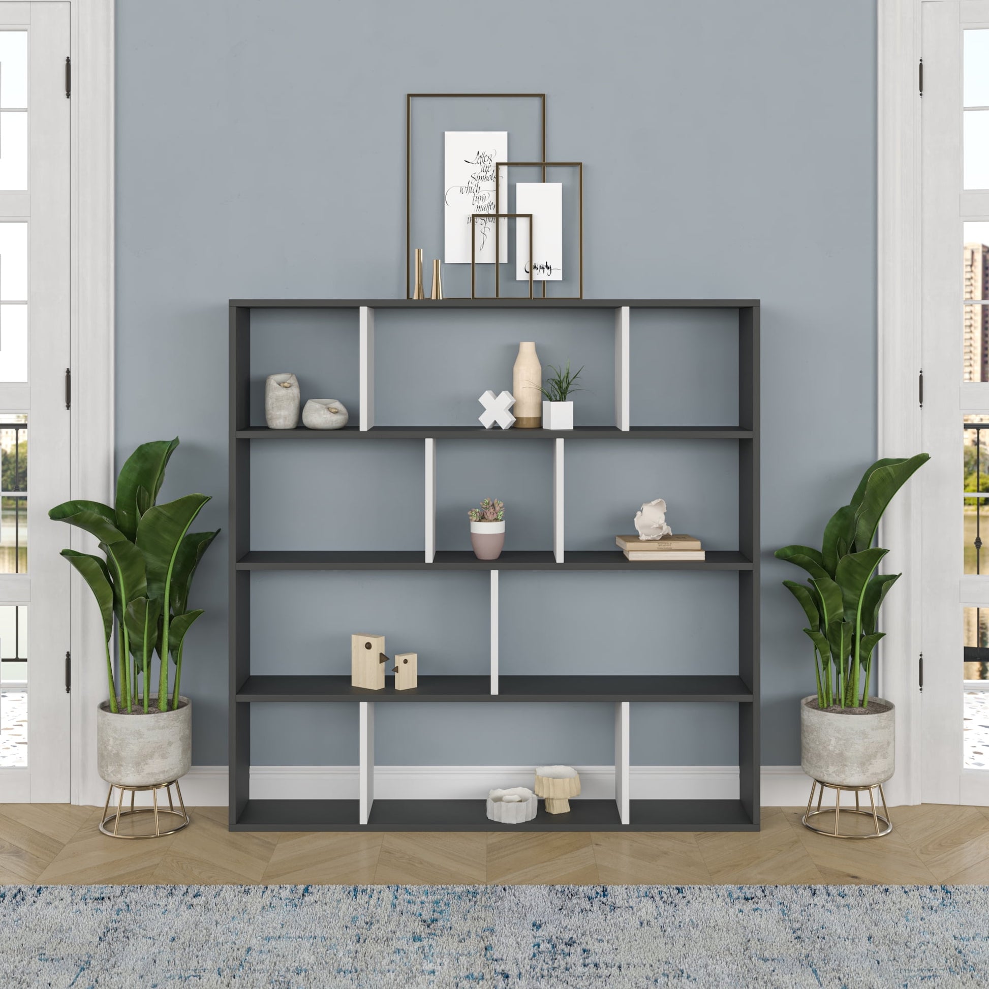 Ada Home Decor Hobdi 4 Tier Open Shelf Cube Modern Bookcase, Anthracite/White