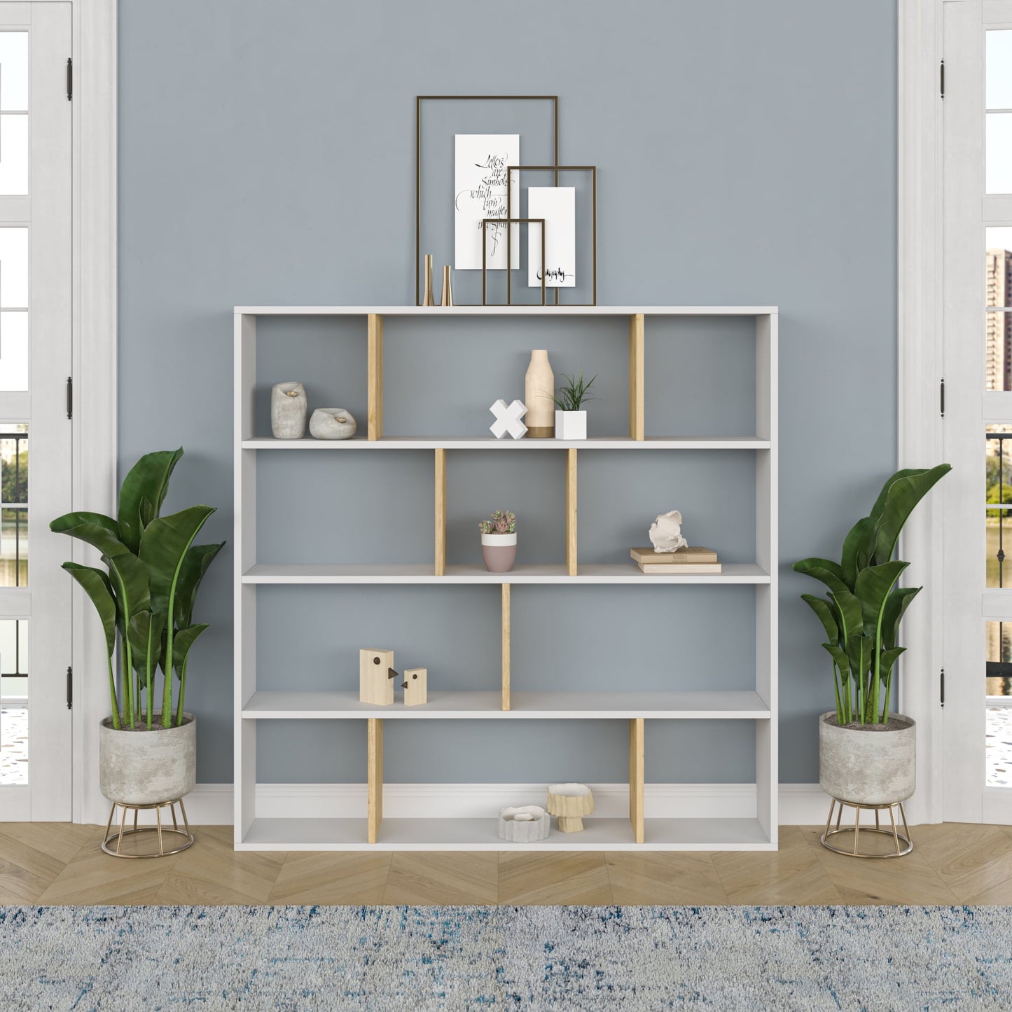 Ada Home Decor Hobdi 4 Tier Open Shelf Cube Modern Bookcase, White/Oak