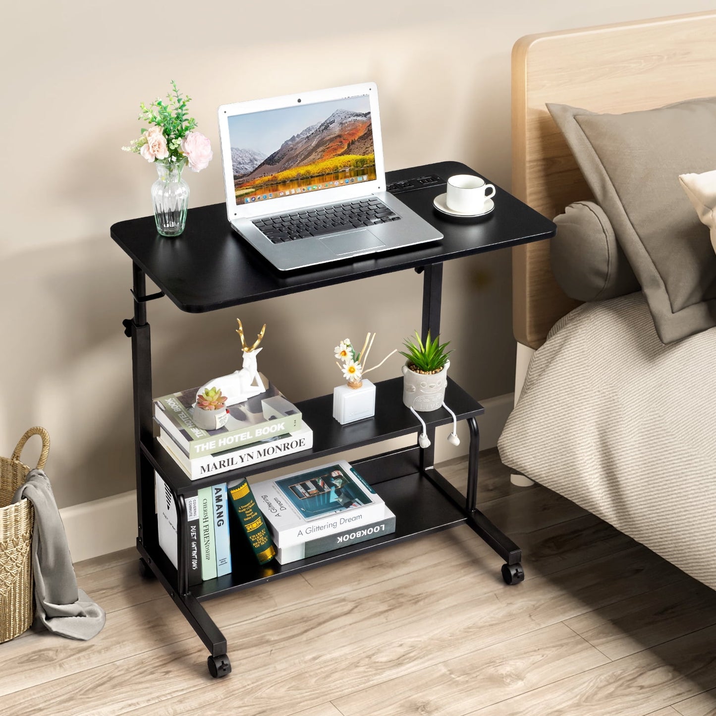 Adjustable Computer Desk with 3 USB + 2 AC Outlets, Black Wood Grain P2 15MM Particle Board with Melamine Coating