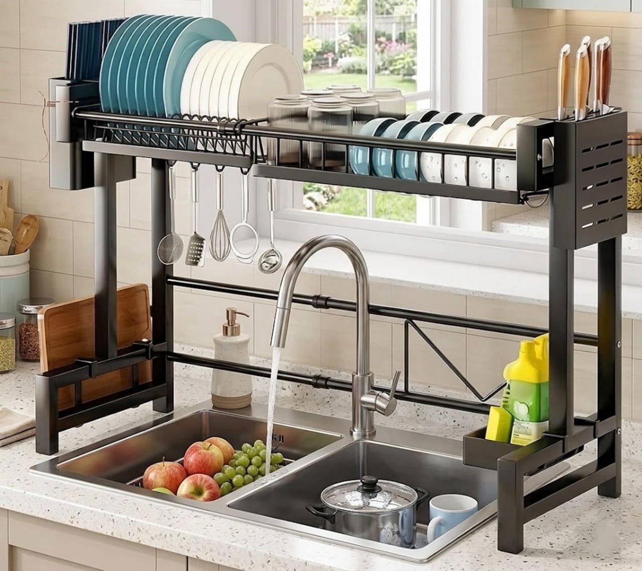 Adjustable Expandable Metal Sink Organizer, Over The Sink Dish Drying Rack, Kitchen Storage Rack With Drip Tray & Utensil Holder For Dishes