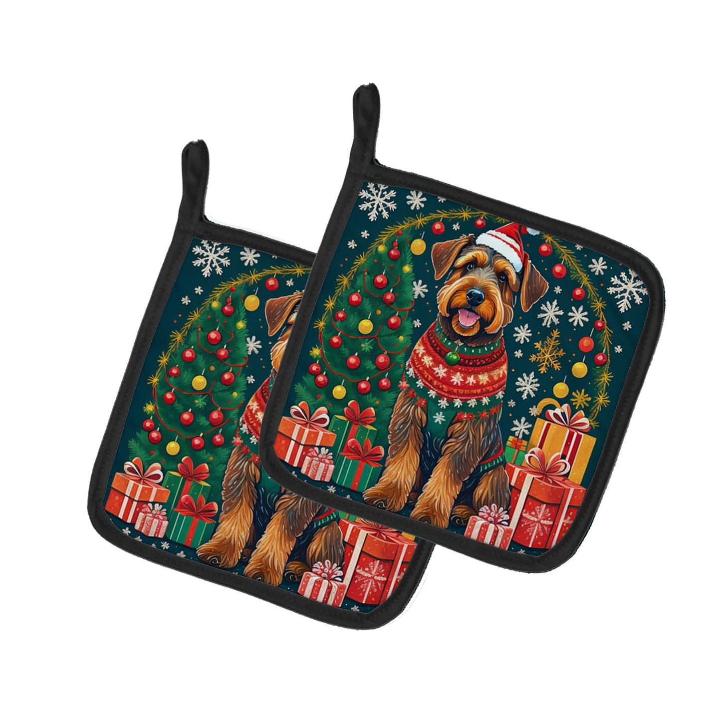 Airedale Terrier Christmas Pair of Pot Holders 7.5 in x 7.5 in