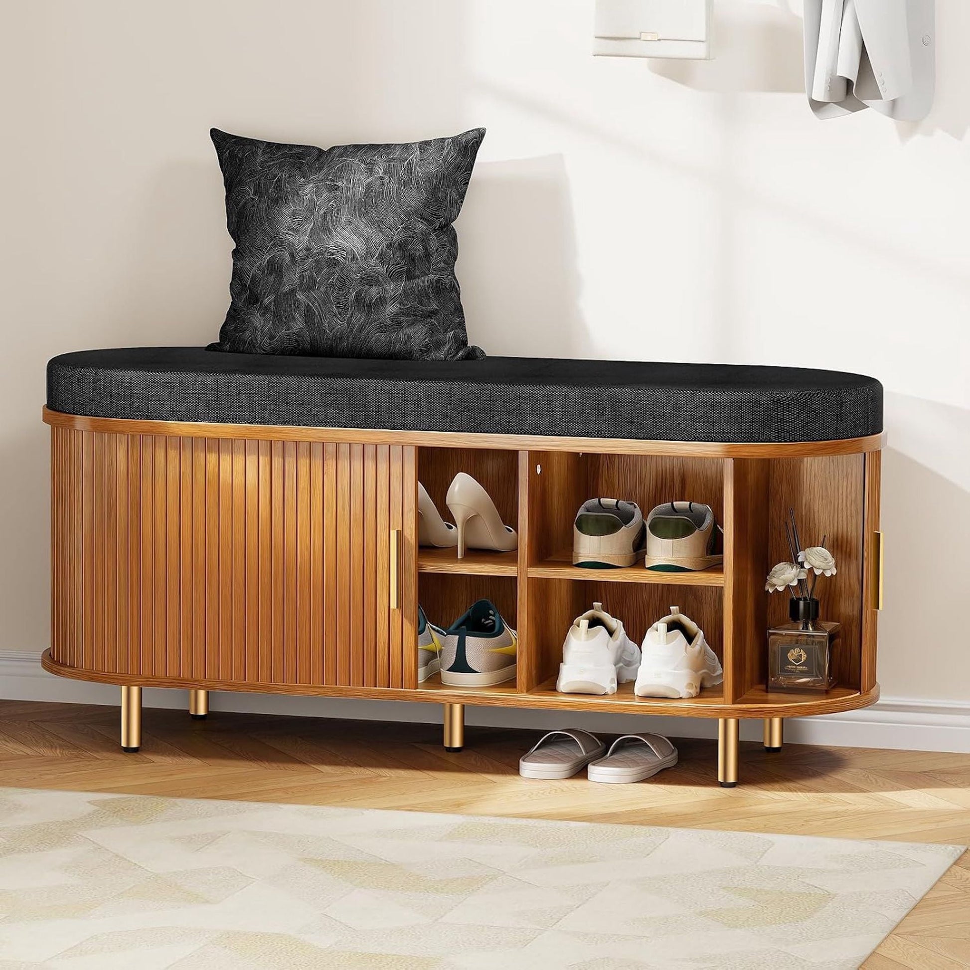 Aisword 2-Tier Shoe Bench Storage with Sliding Door, Padded Cushion, Adjustable Shelf, Yellow