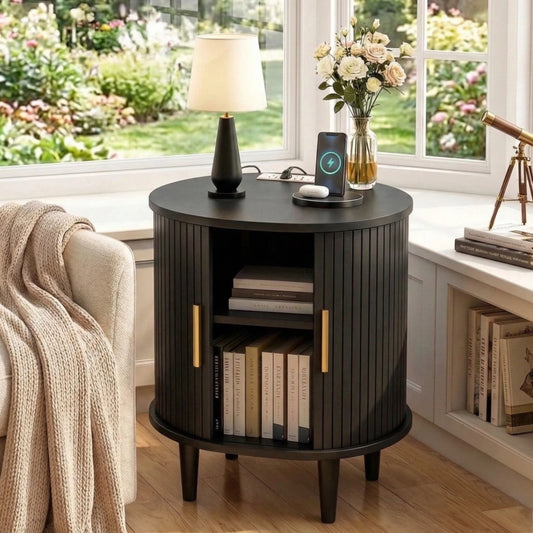 Aisword Nightstand Set of 2 with Charging Station, Fluted Accent Side Table with Sliding Door and Adjustable Shelf, End Table for Small Space, Brown