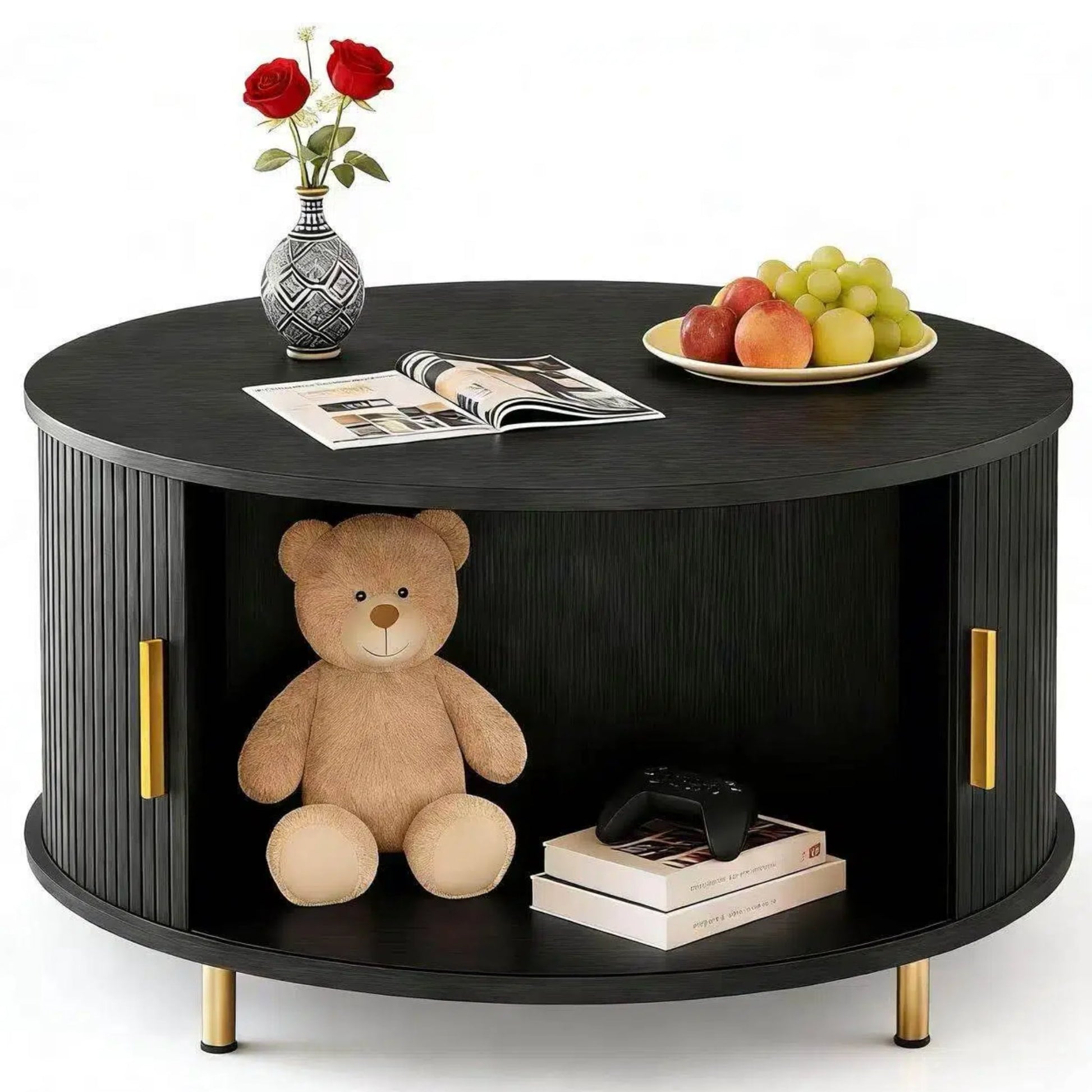 AISWORD Round Coffee Table with 360Â° Sliding Door, Fluted Accent Coffee Table with Storage Adjustable Footpads for Living Room, Black