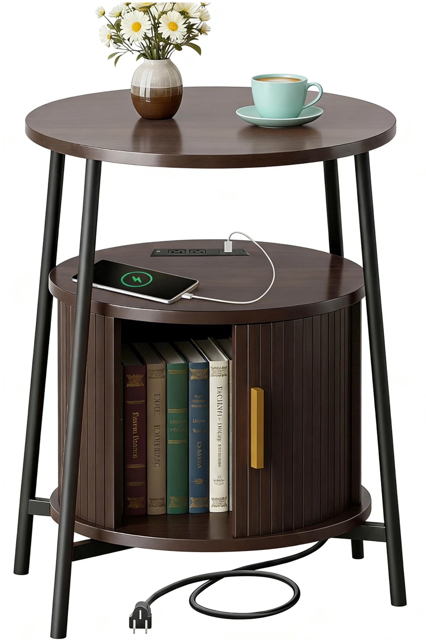 AISWORD Nightstand with Charging Station, Modern Round Bedside Table with Sliding Door Storage, Walnut