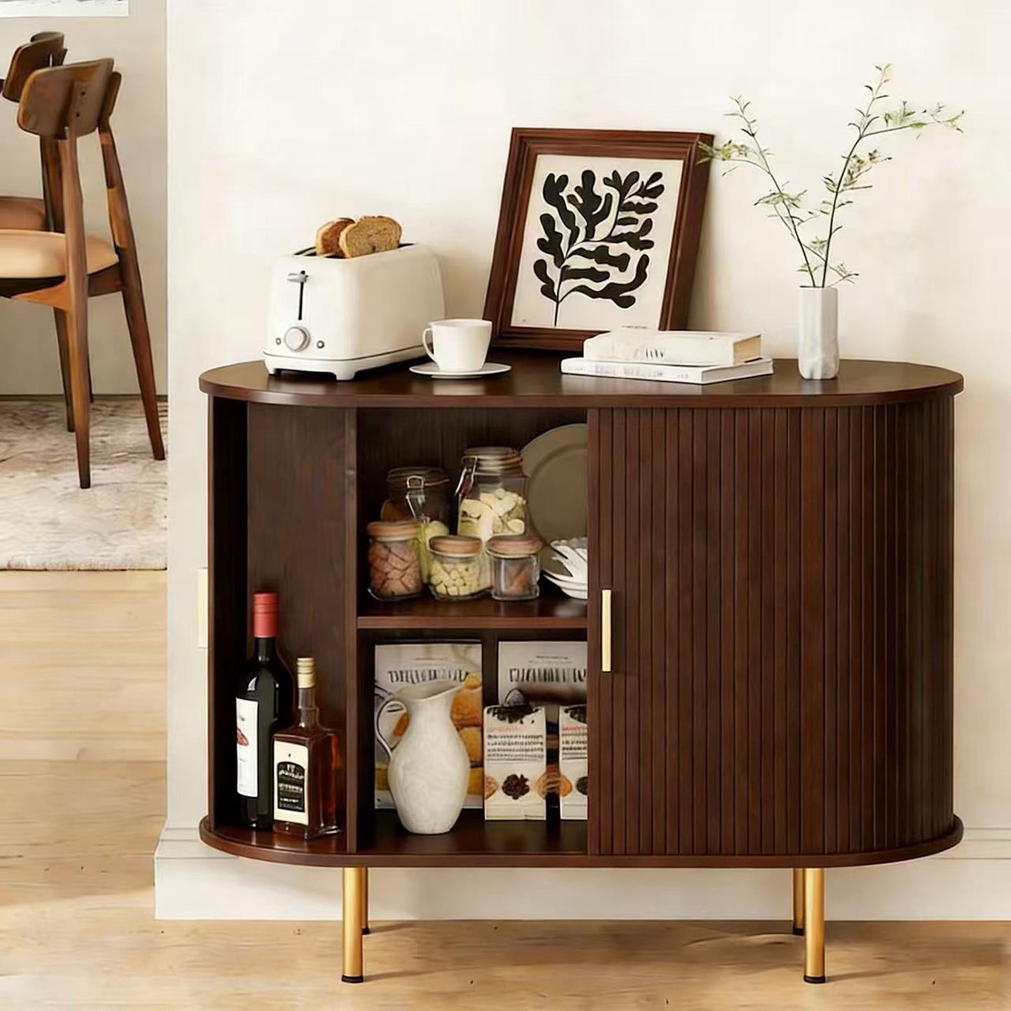 Aisword Sideboard Buffet Cabinet with Storage,Mid Century Modern Fluted Accent Coffee Bar Console Table,Tambour Sliding Doors& Adjustable Shelf for Kitchen, Living Room, Entryway, 55 Inch Yellow