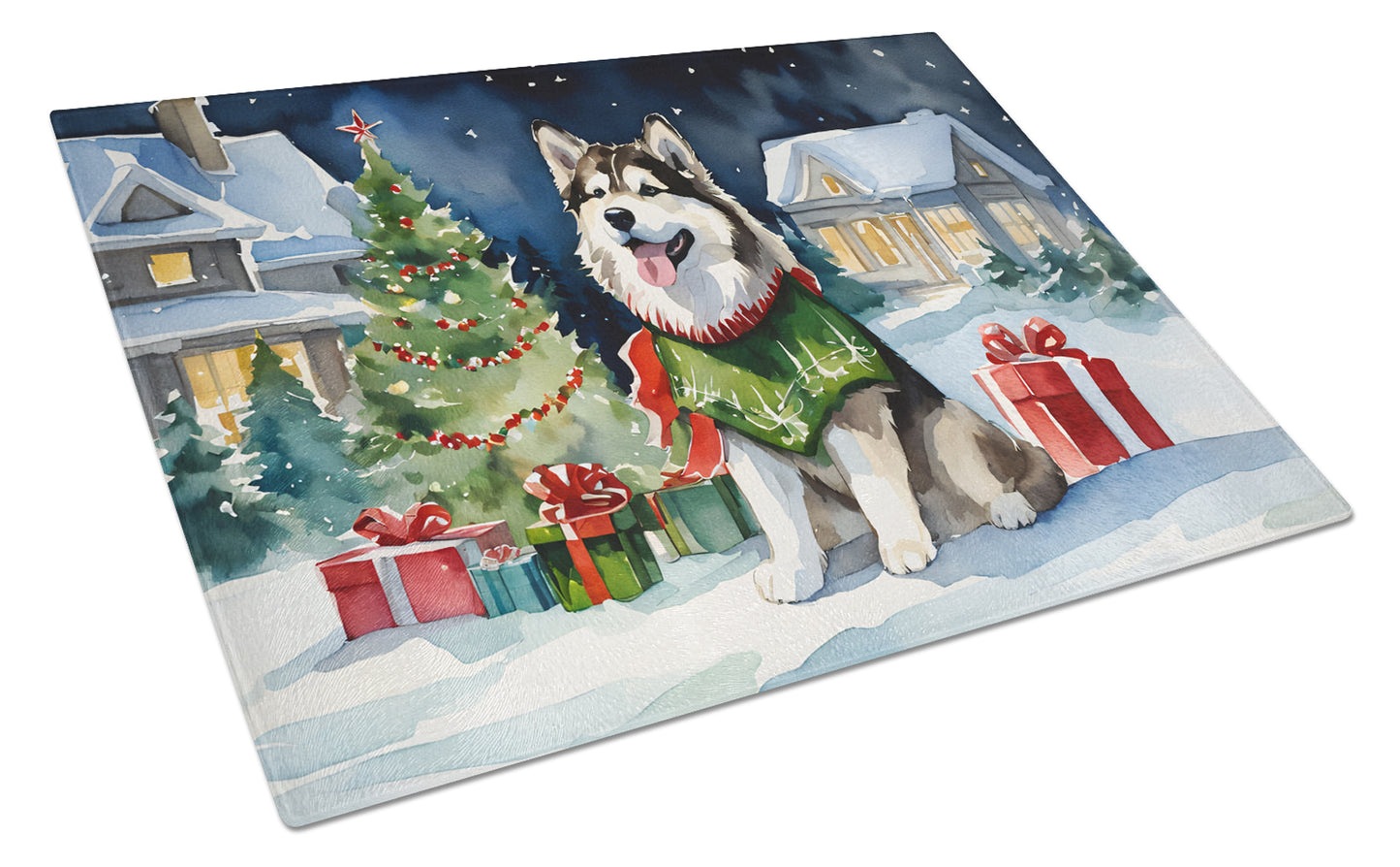 Alaskan Malamute Cozy Christmas Glass Cutting Board Large 12 in x 15 in