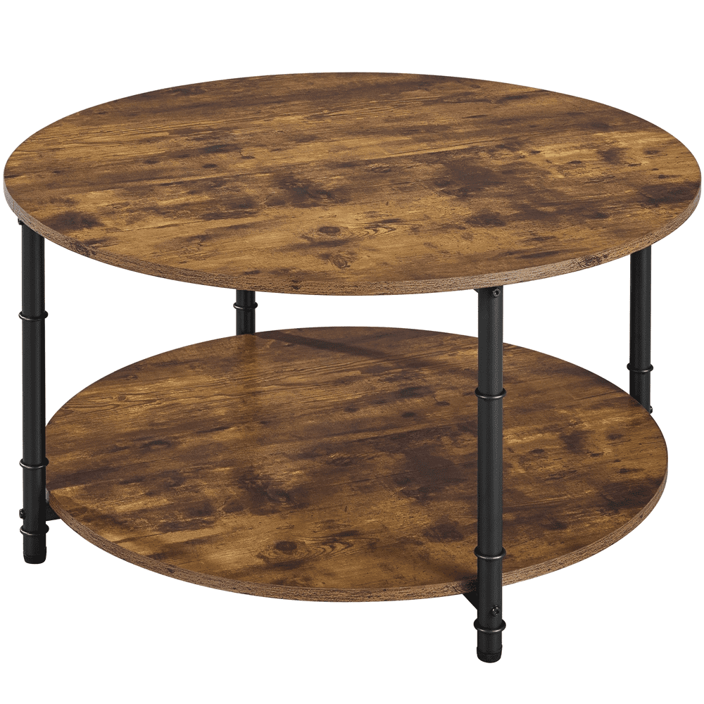 Alden Design 2 Layer Round Coffee Table with Metal Frame, Rustic Brown