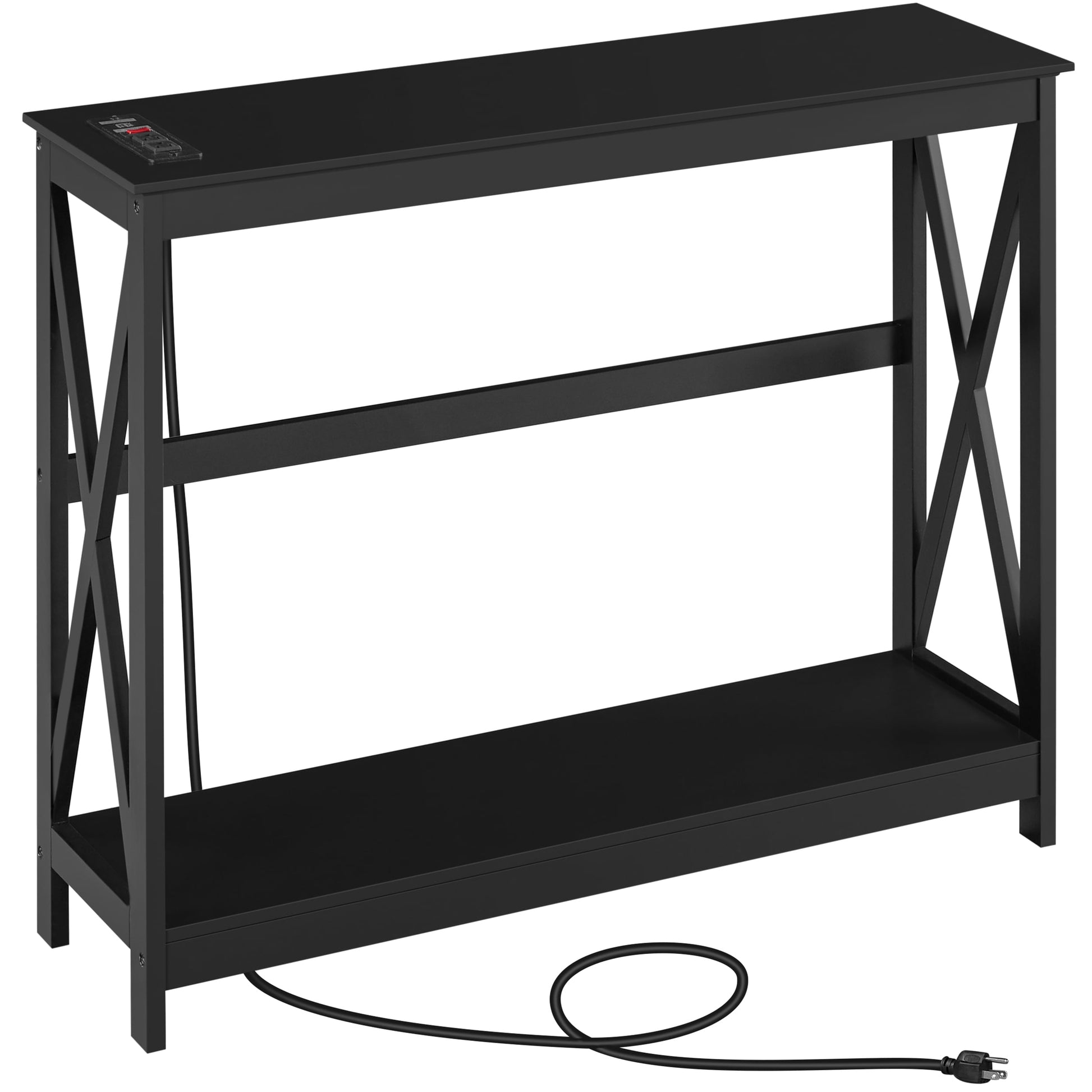 Alden Design 2-Tier Wooden Console Table with Power Outlet for Hallway Living Room, Black