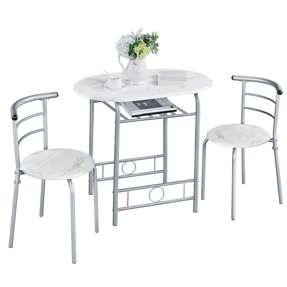 Alden Design 3 Piece Modern Round Dining Table Set with Steel Legs for Kitchens, White