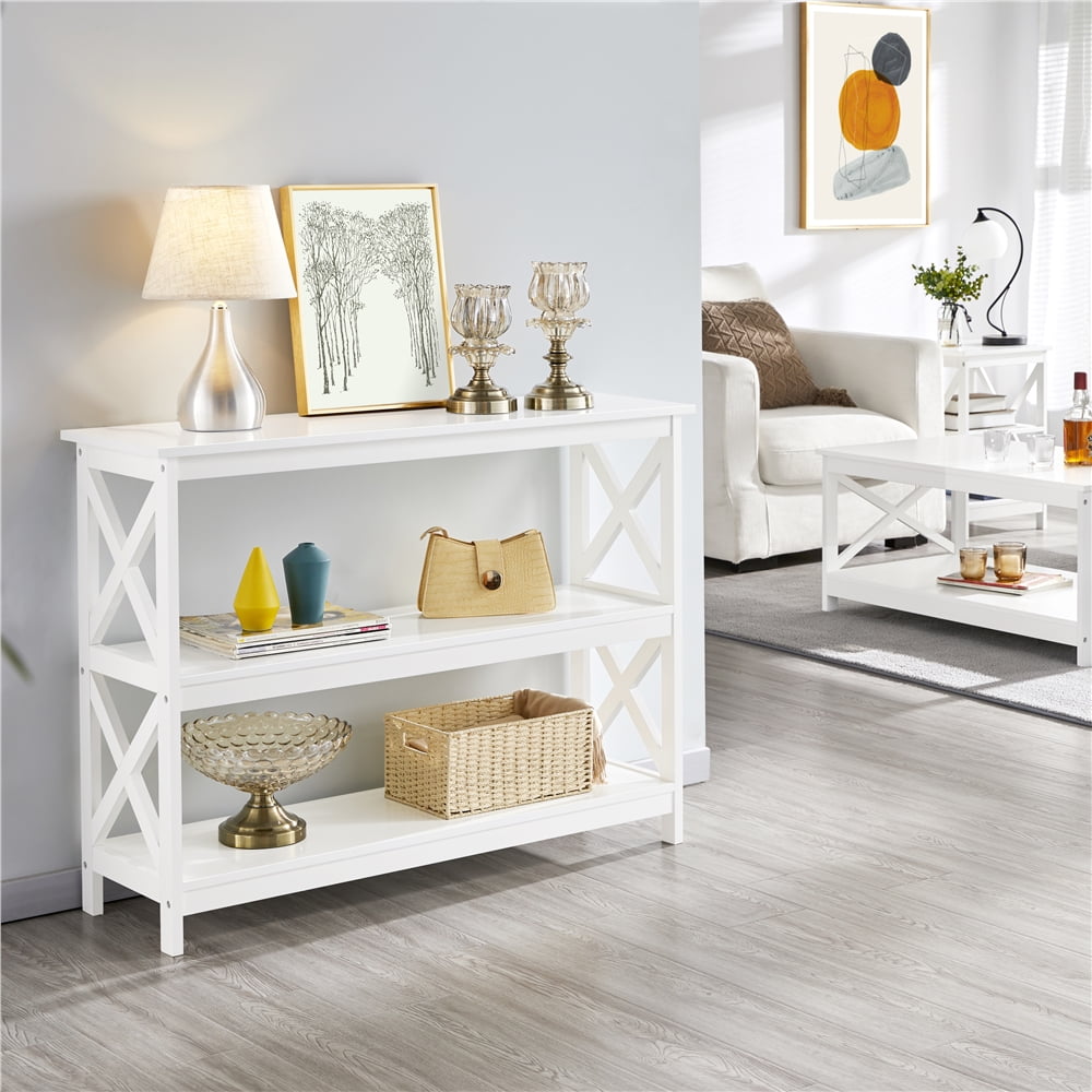 Alden Design 3 Tier Wooden X-Design Console Table with Storage Shelves, White