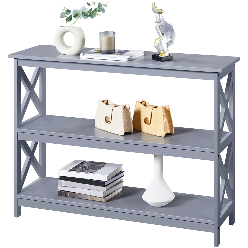 Alden Design 3-Tier X-Design Wooden Console Table with Storage Shelves for Entryway, Gray
