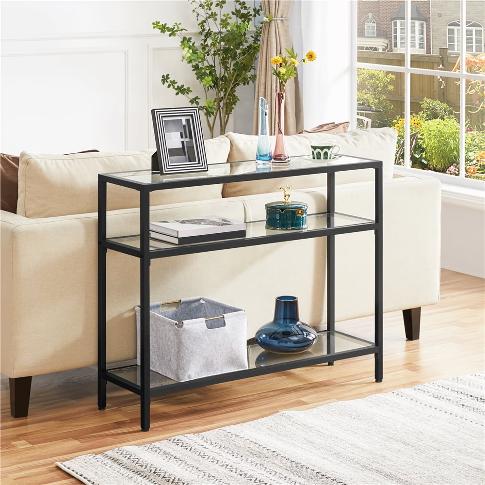 Alden Design  3-layer Modern Tempered Glass Console Table with Shelves for Living Room, Black