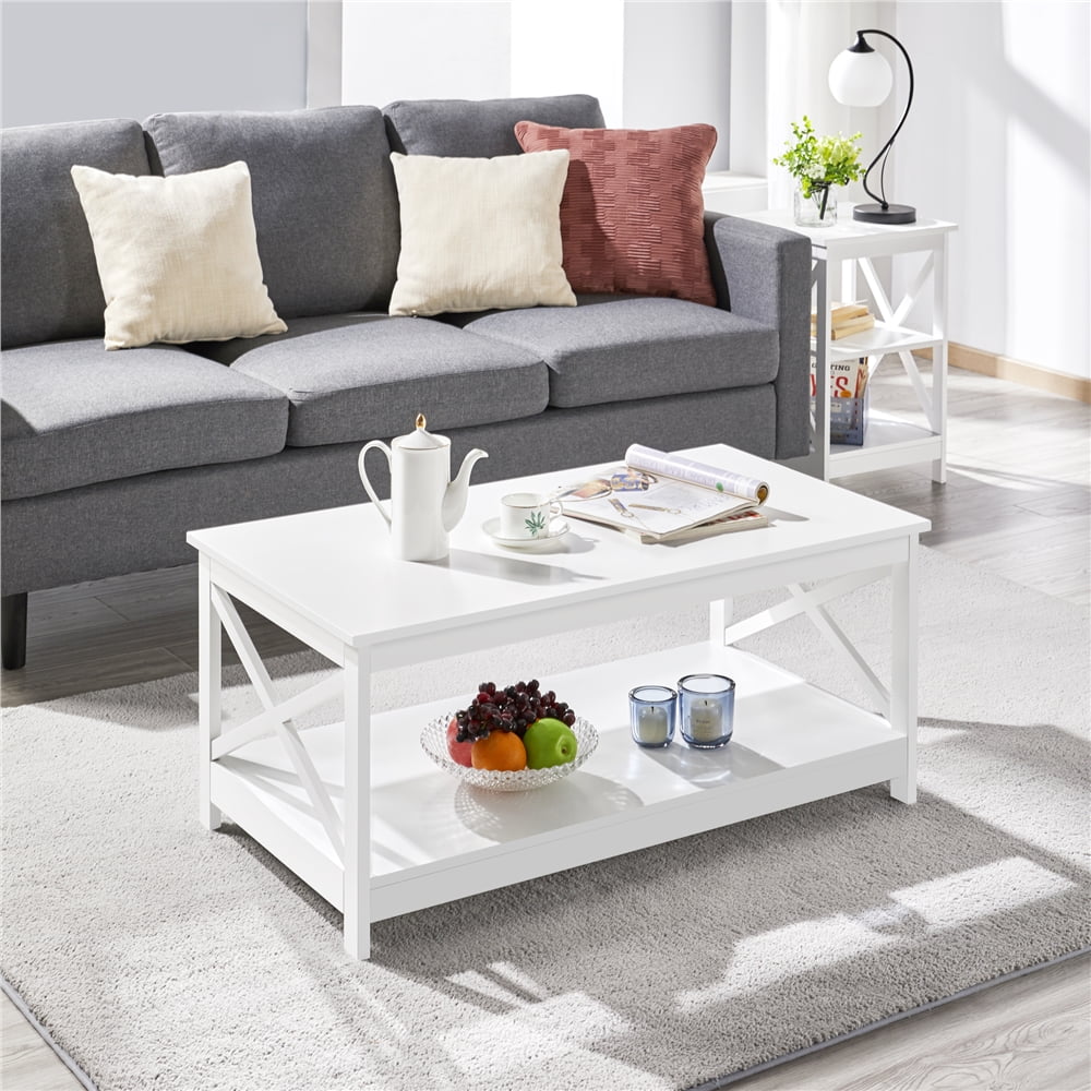 Alden Design  39.5 in 2-Tier Wood x Design Coffee Table with Storage Shelf for Living Room, White