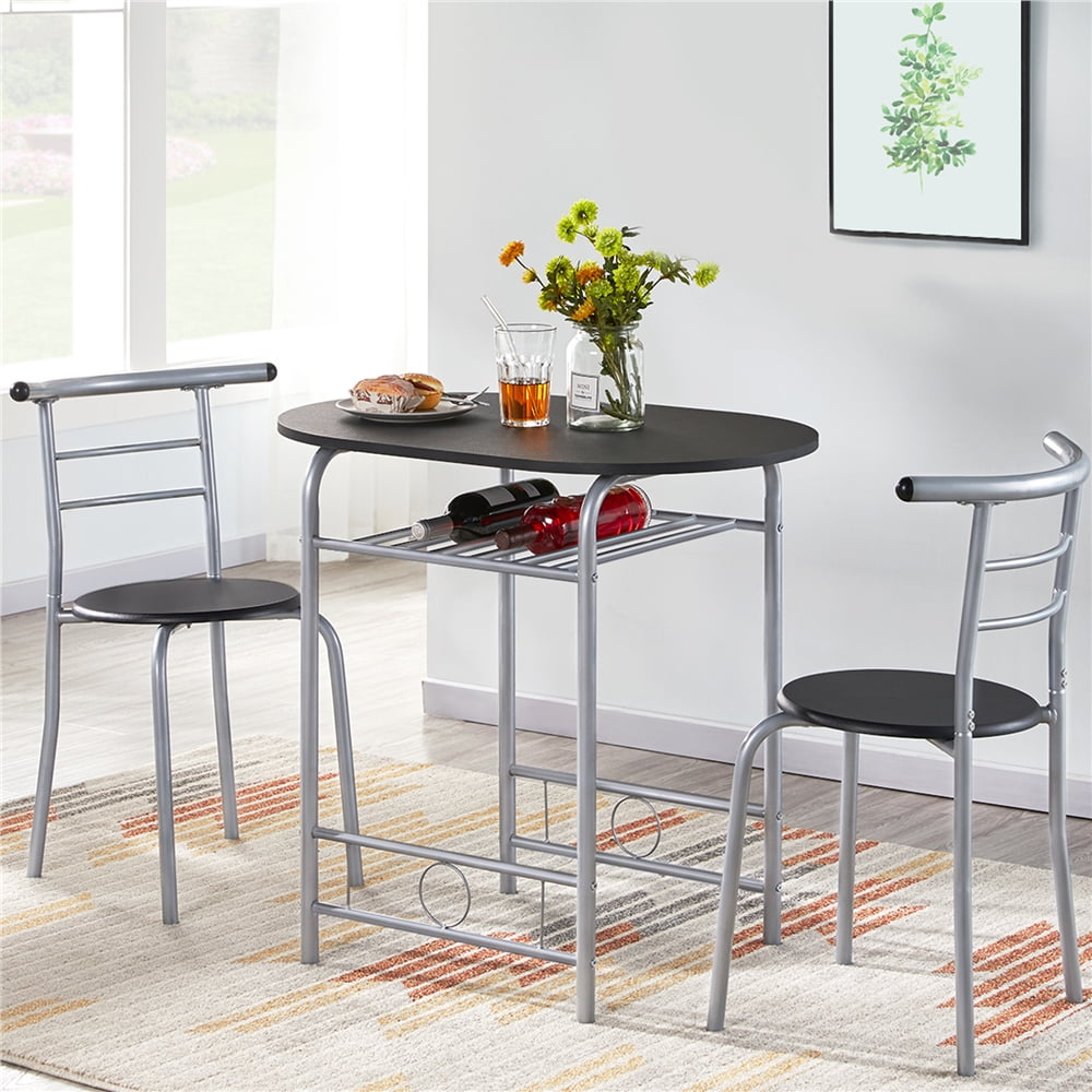 Alden Design 3pcs Modern Dining Set with 1 Round Table 2 Chairs for Home, Black