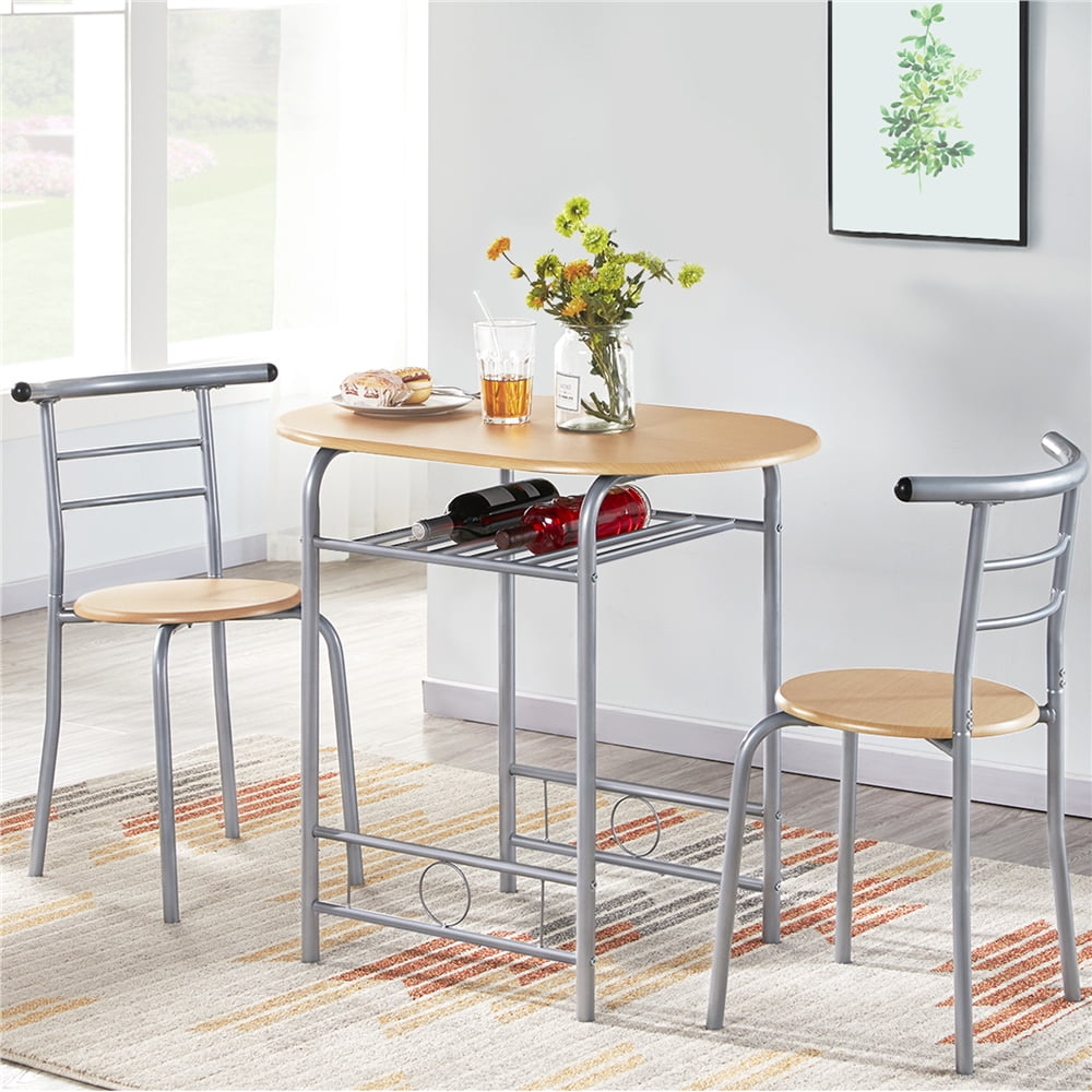 Alden Design 3 Piece Modern Round Dining Table Set with Steel Legs for Kitchens, Brown