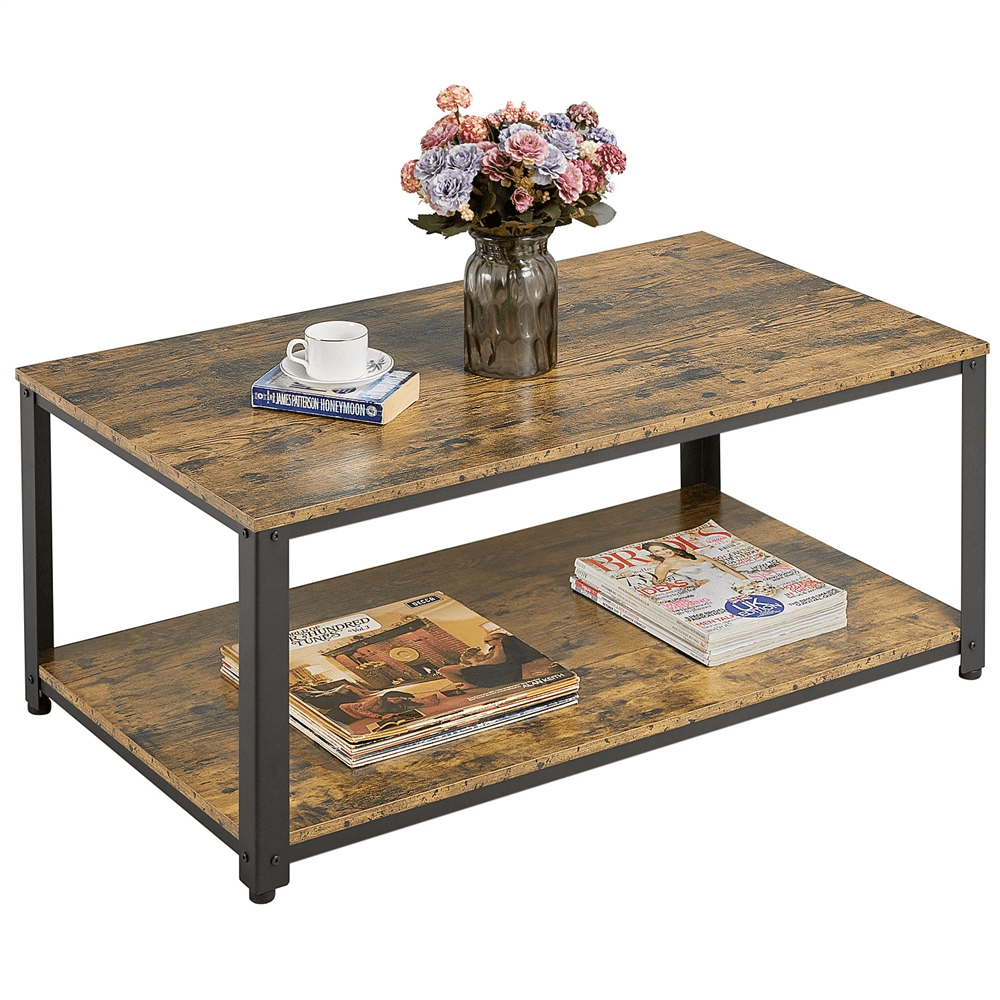 Alden Design Coffee Table with Storage Shelf for Living Room, Rustic Brown