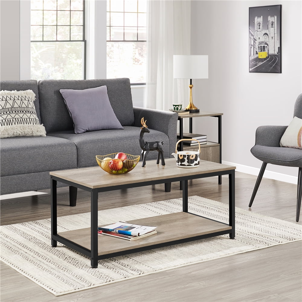 Alden Design Industrial Coffee Table with Storage Shelf for Living Room, Rustic Gray